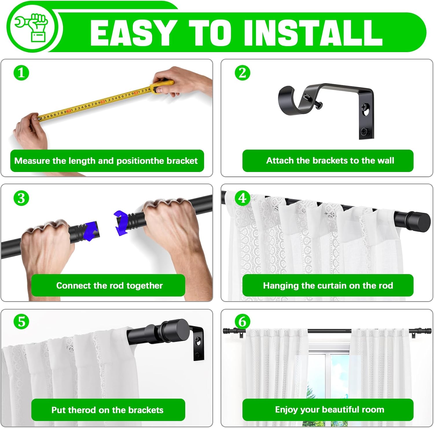 Adjustable Black Curtain Rods 32 to 96 Inches