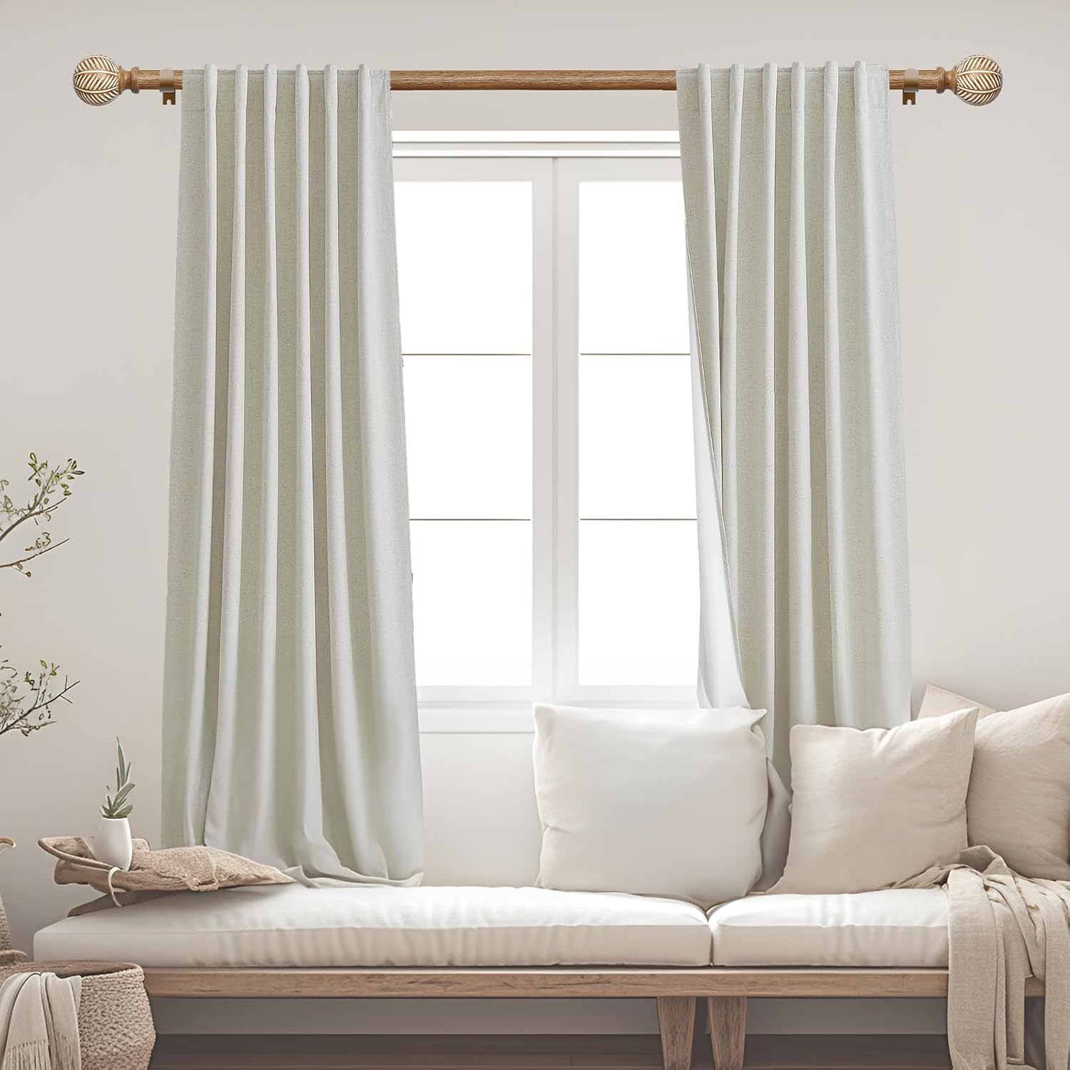 Adjustable Wood Curtain Rods 48-86 Inches Single Rod with Leaf Finials