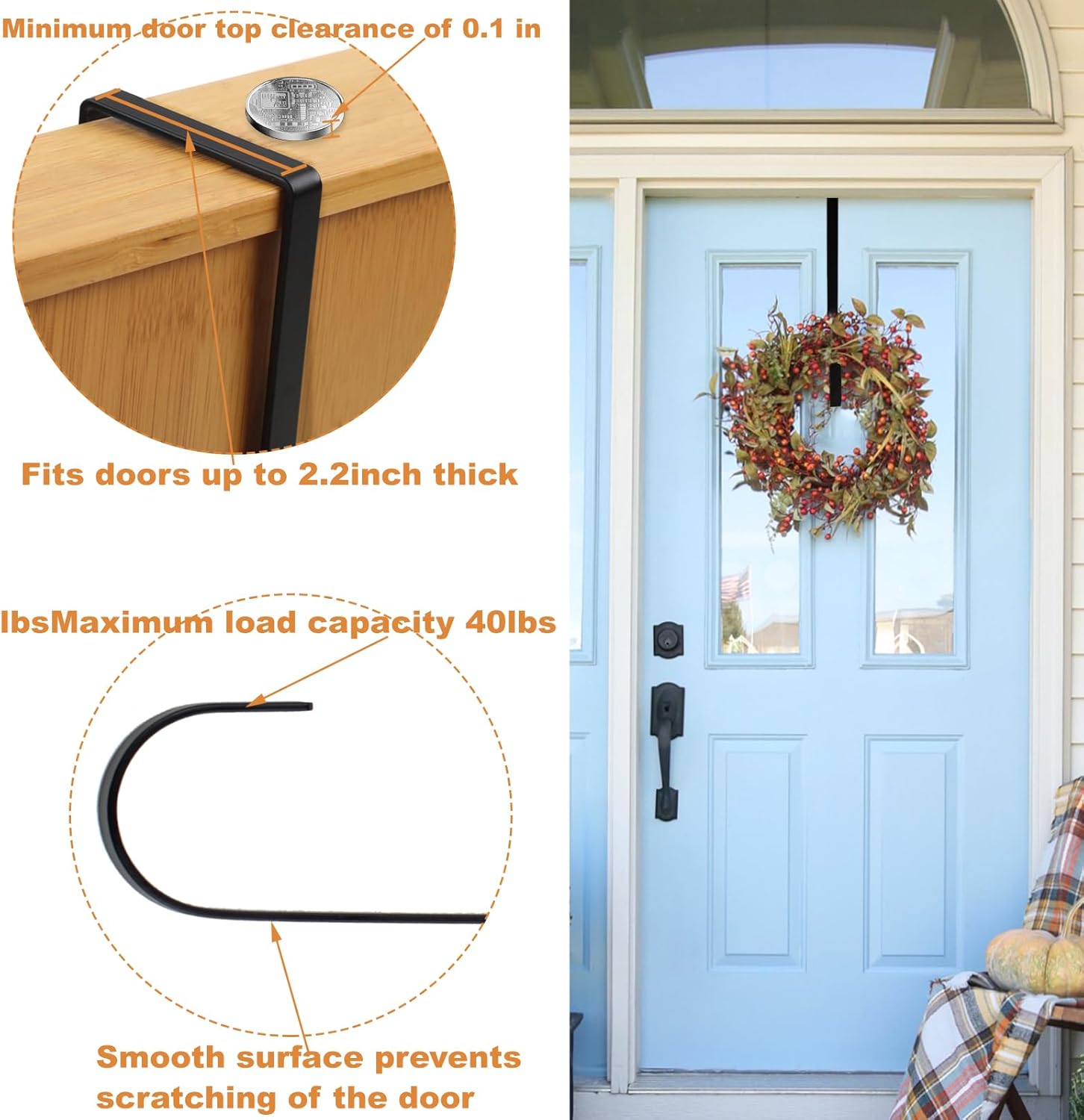 PECULA 2 Pack 14 Inch Wreath Hangers for Front Door