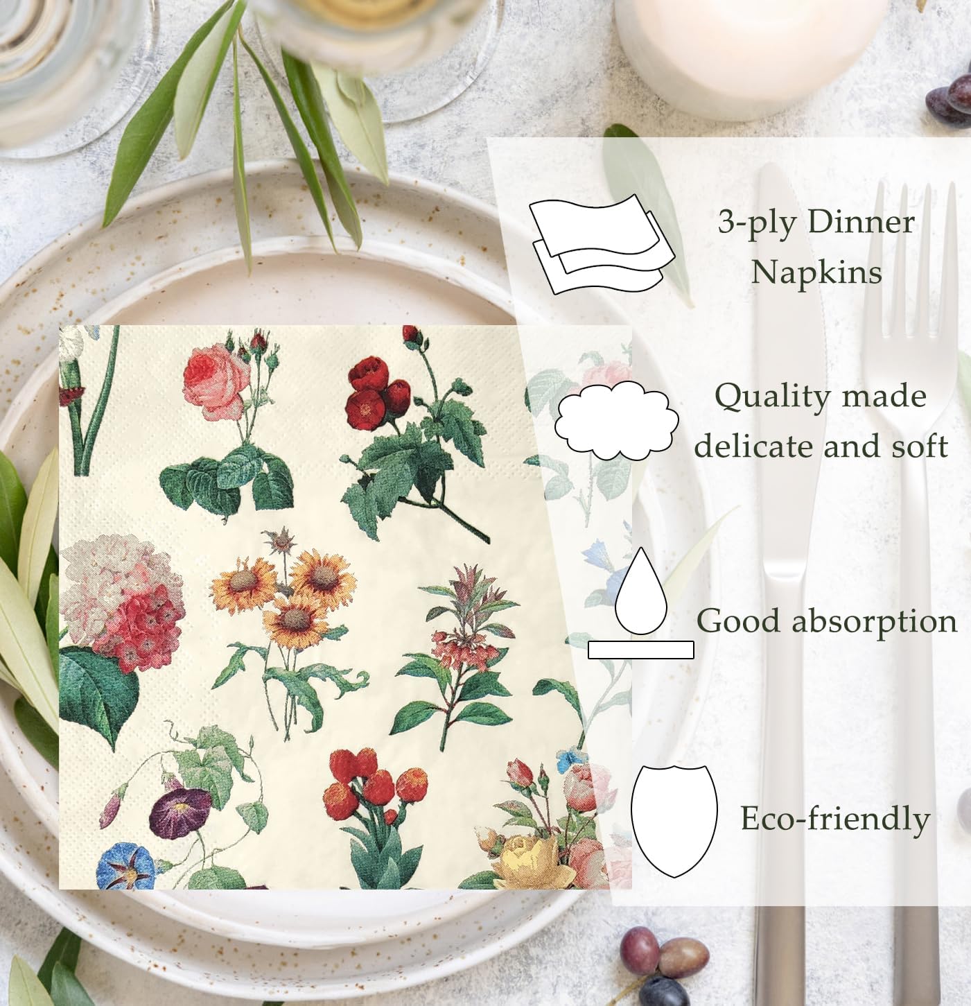 50 Pack 3-Ply Floral Disposable Napkins for Events