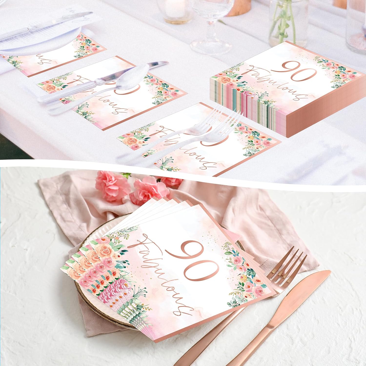 90th Birthday Rose Gold Floral Napkins Set 50pcs