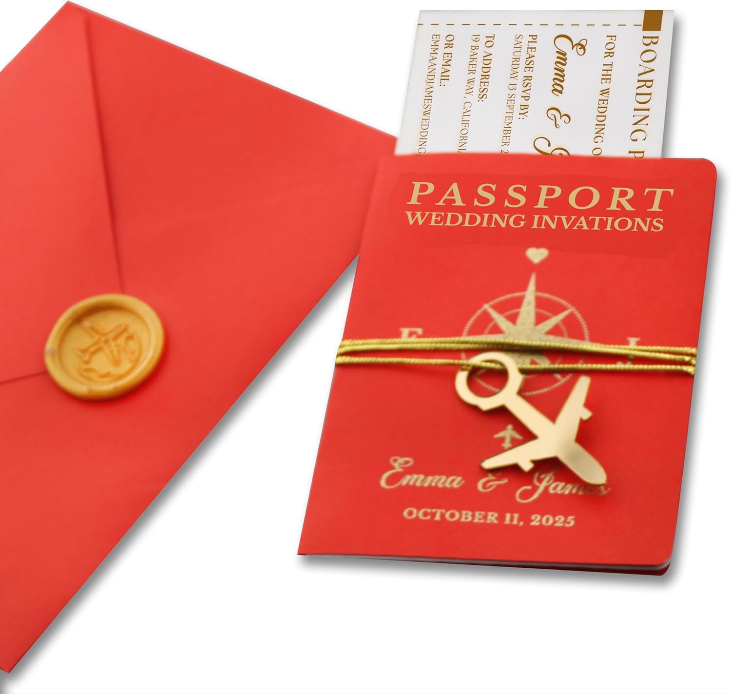 Custom Wedding Invitation Set with Wax Seal - Passport Style
