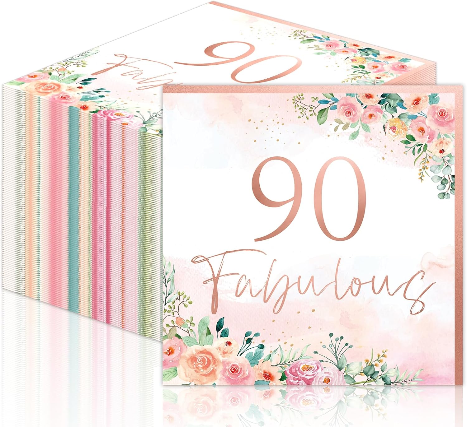 90th Birthday Rose Gold Floral Napkins Set 50pcs