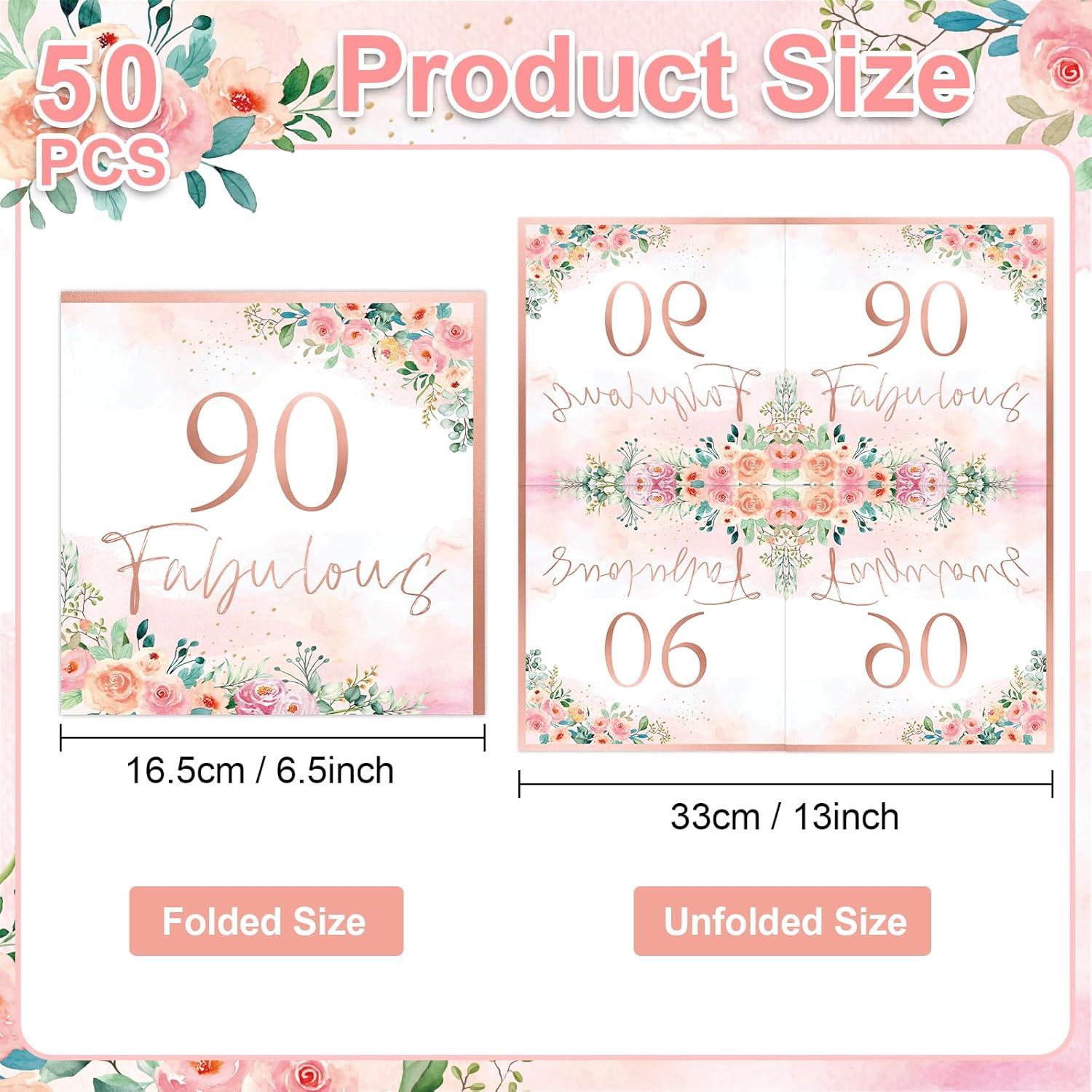 90th Birthday Rose Gold Floral Napkins Set 50pcs