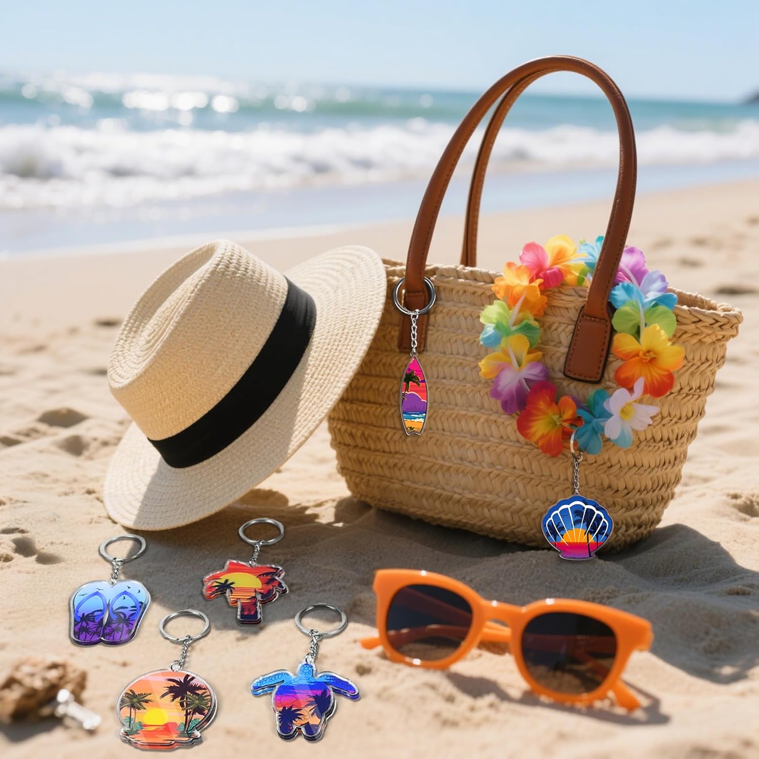50 Pcs Acrylic Summer Beach Keychains Bulk Gifts