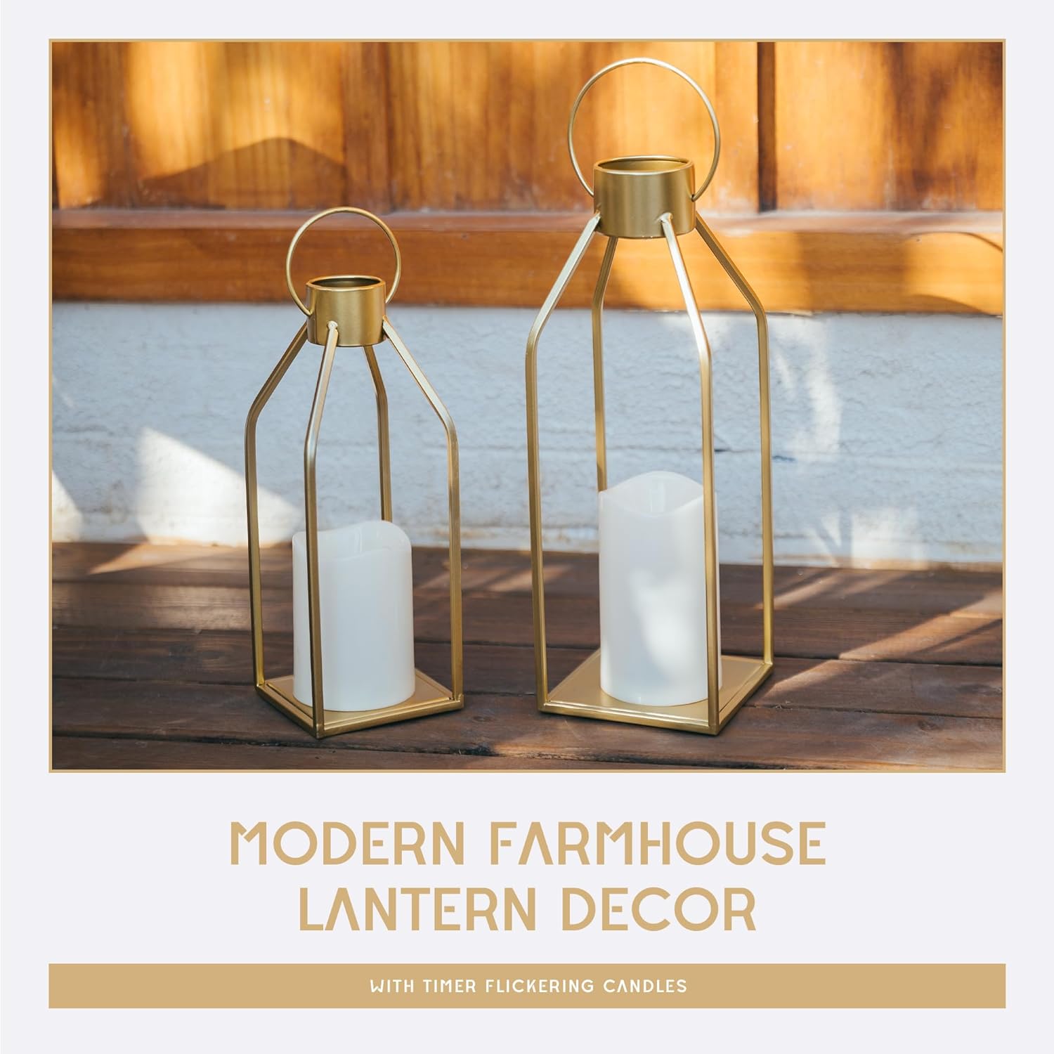 Modern Farmhouse Gold Metal Candle Lanterns with Timer