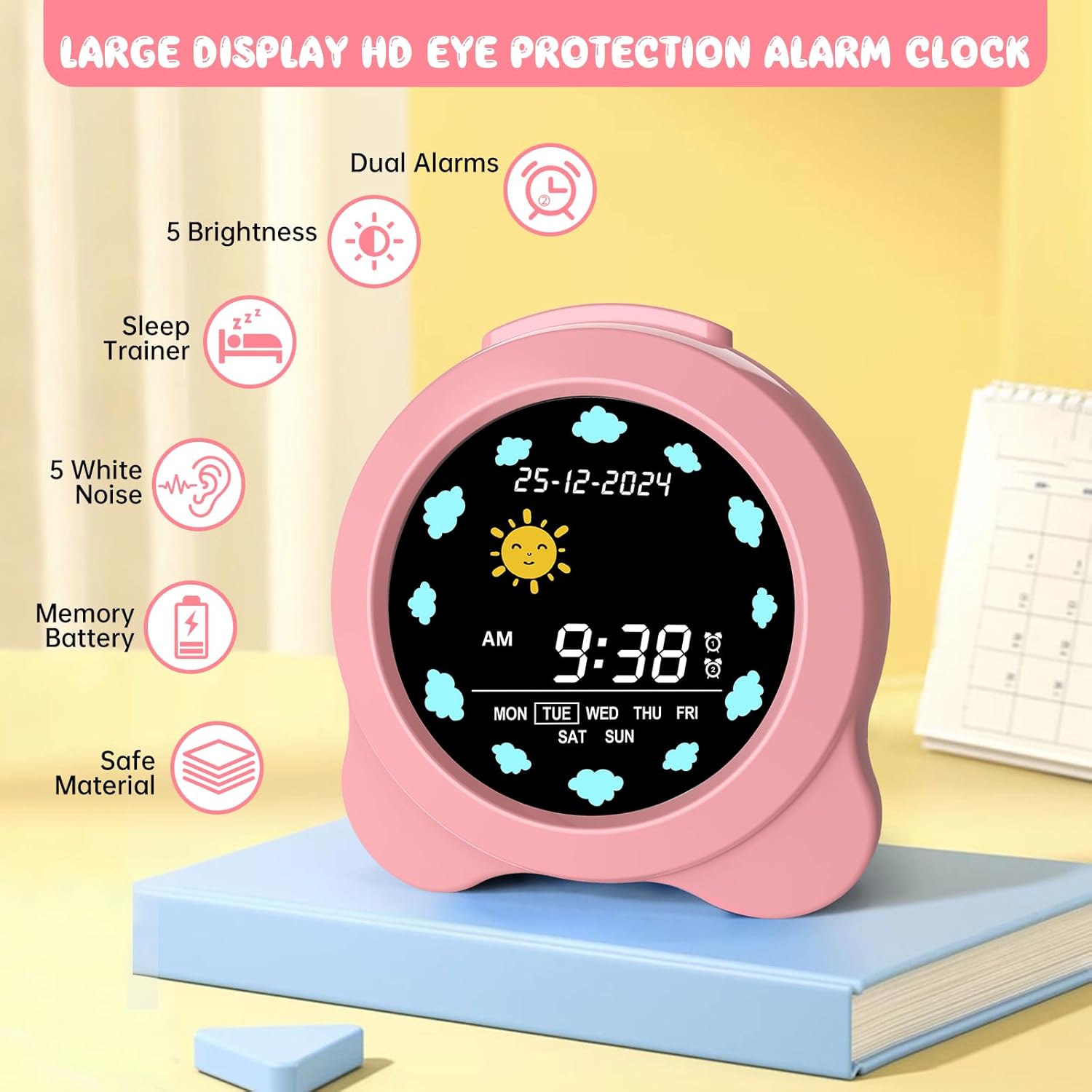 Kids Alarm Clock with Sun Moon LED Display and Sleep Sounds