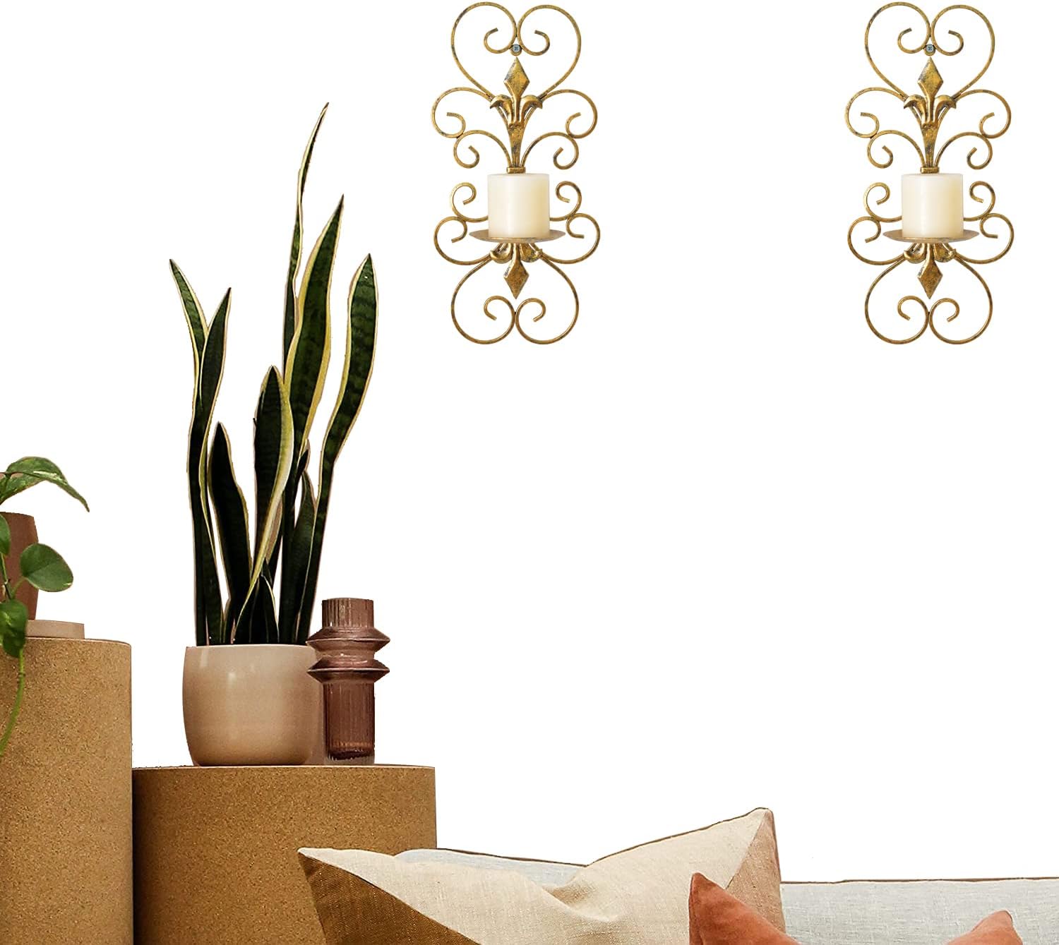 Set of 2 Antique Gold Wall Sconces Candle Holders