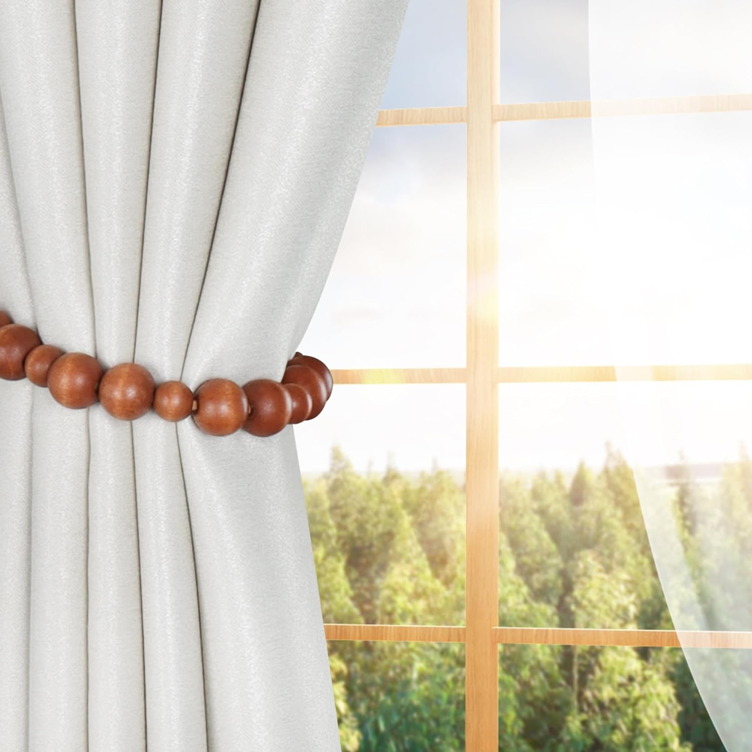OCIOLI 2 Piece Wood Bead Curtain Tiebacks with Hooks
