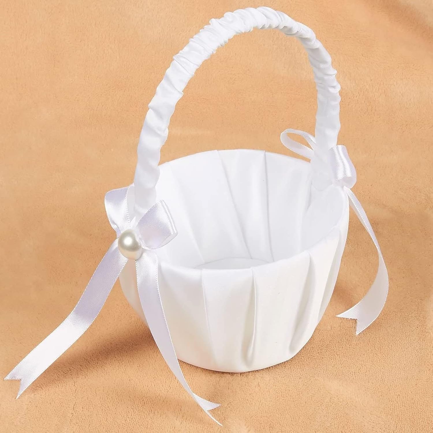 White Flower Girl Basket with Satin Bowknot and Pearl Design