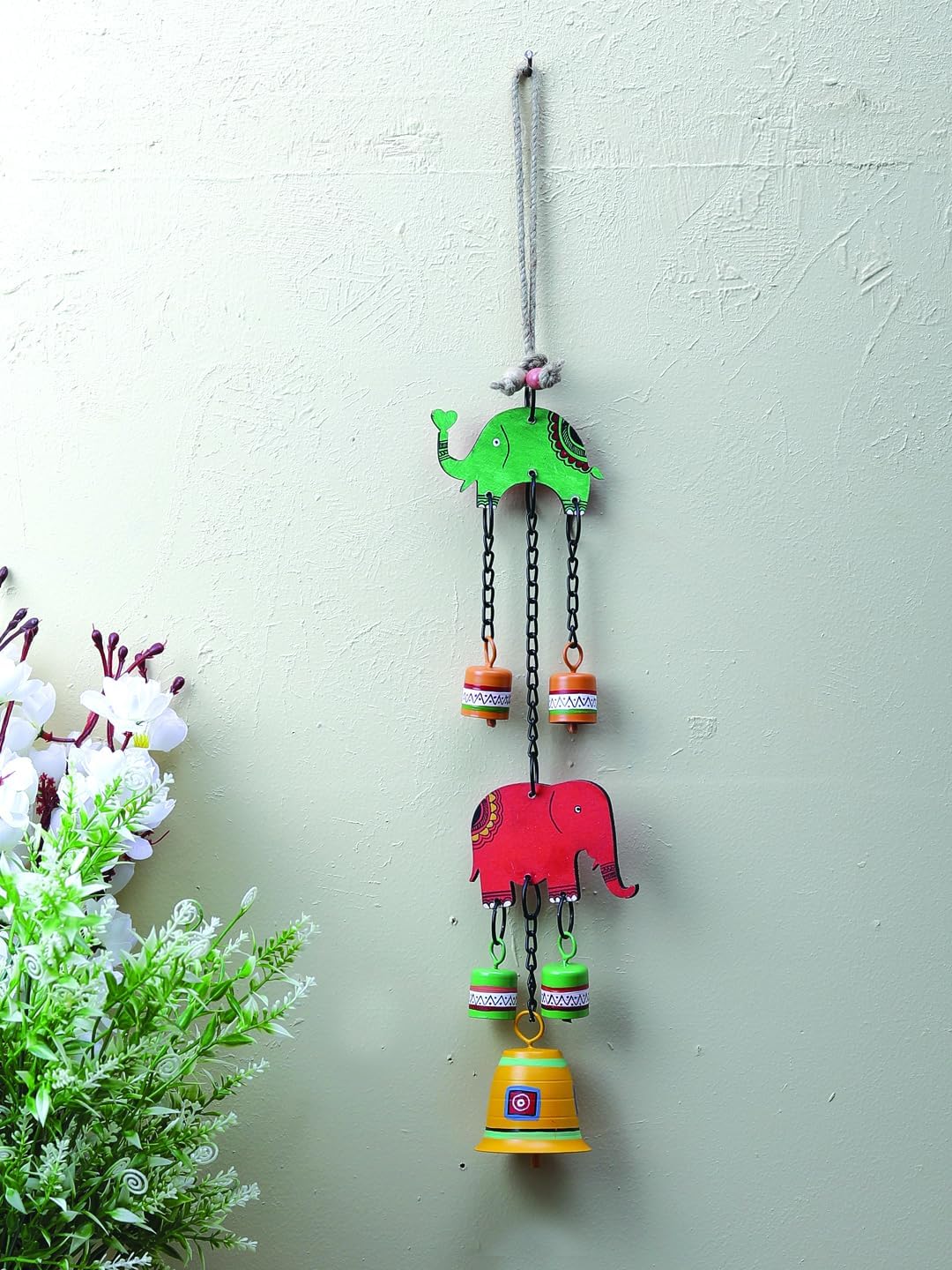Hand Painted Elephant Metal Bells Set - 22 Inch Hanging Ornament