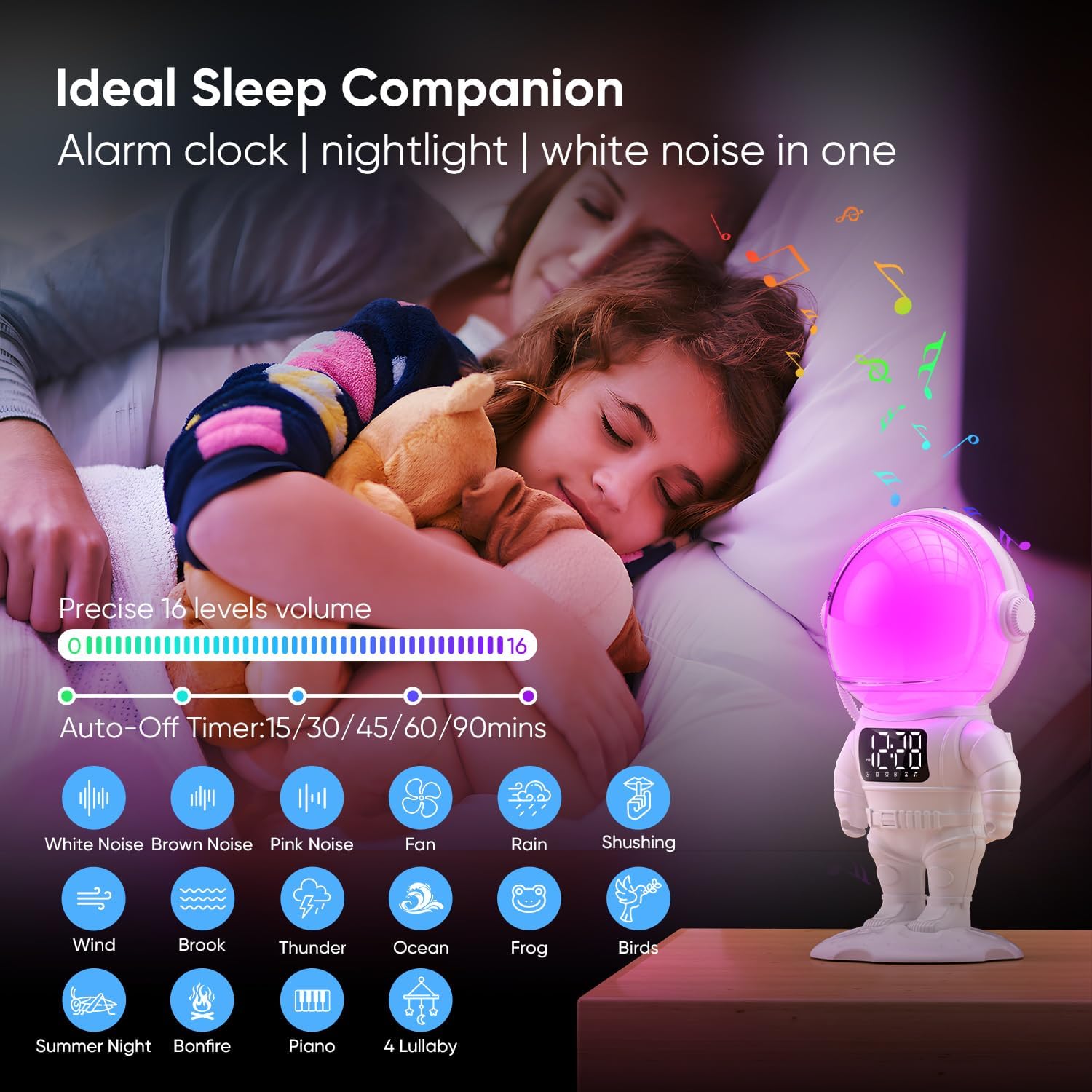 4-in-1 Astronaut Alarm Clock with White Noise and Nightlights