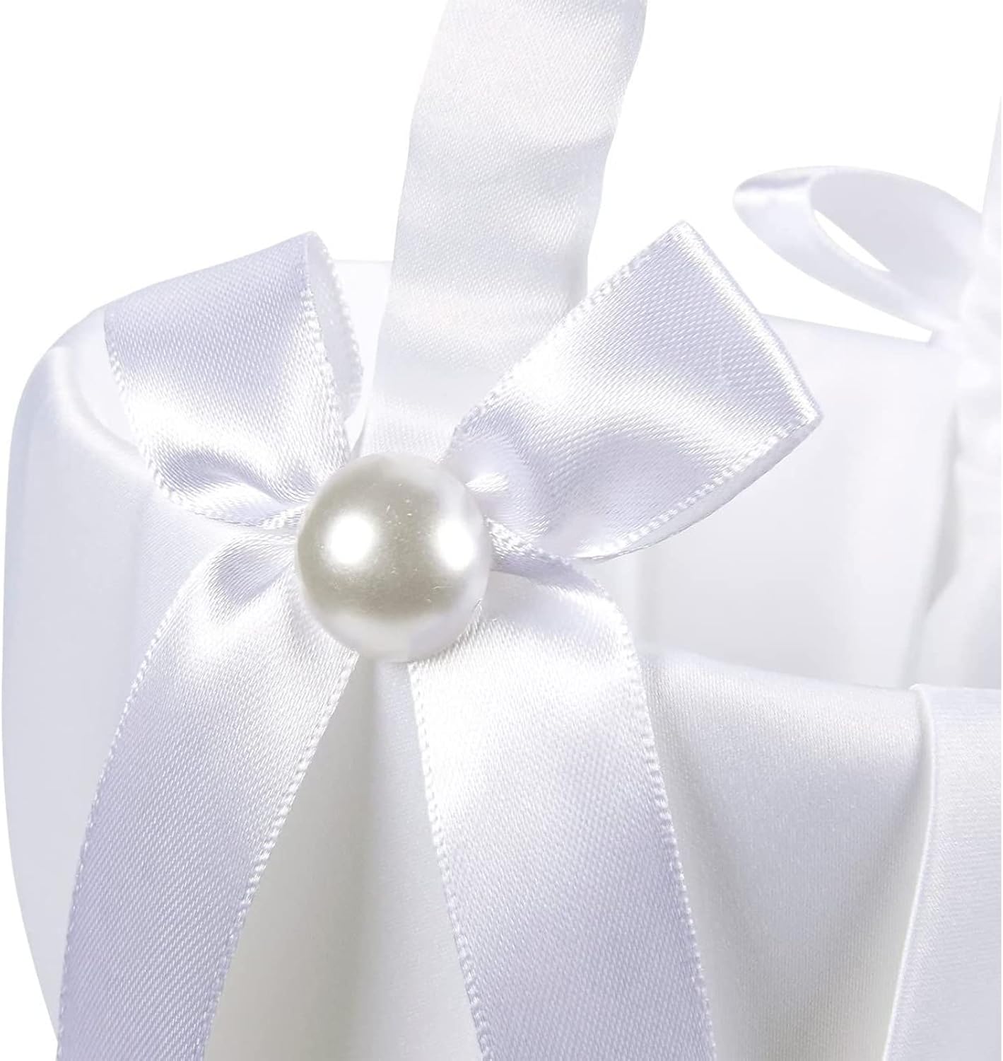 White Flower Girl Basket with Satin Bowknot and Pearl Design