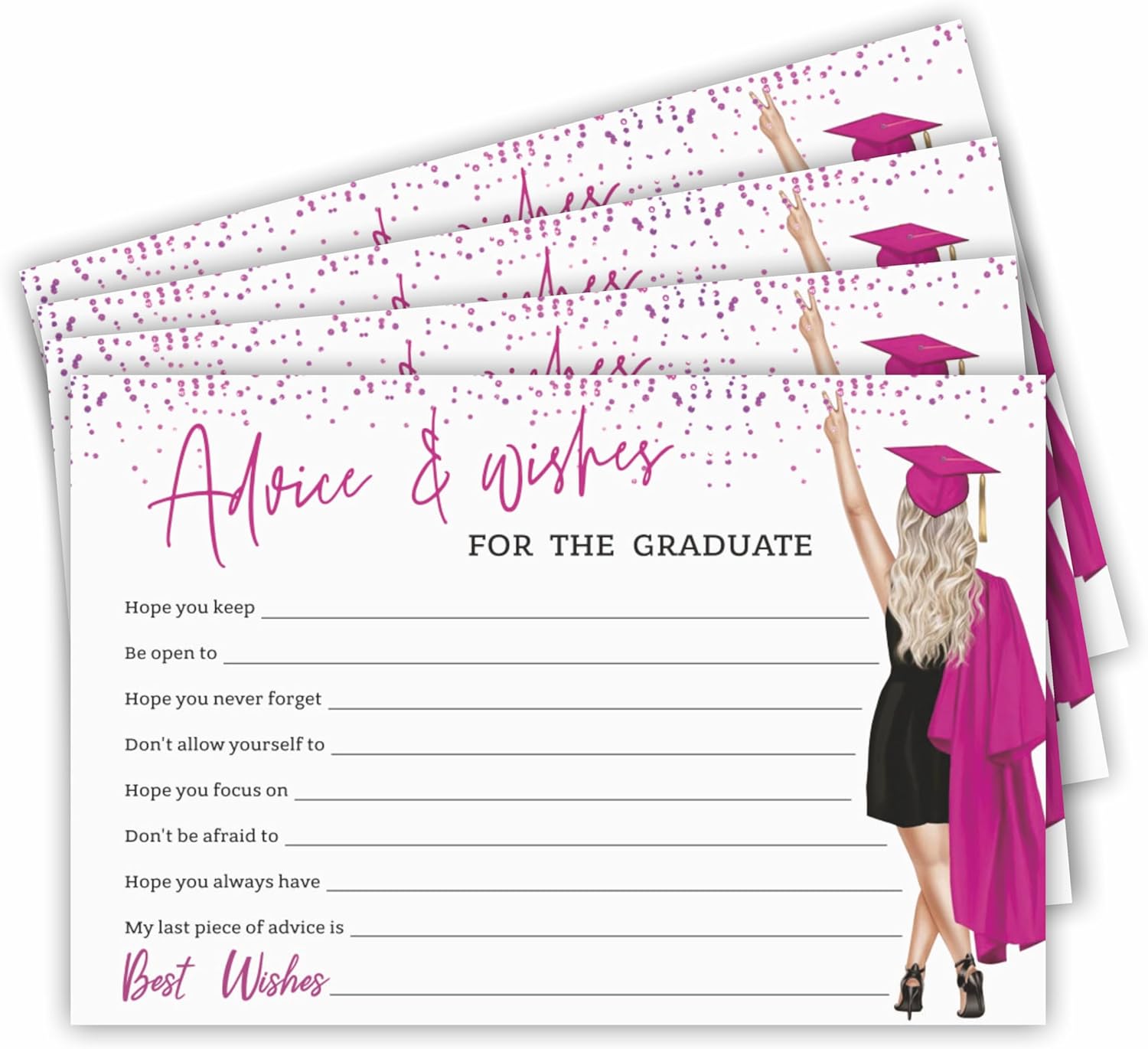 30 Pink Grad Girl Advice Cards with Confetti Fill-In Style
