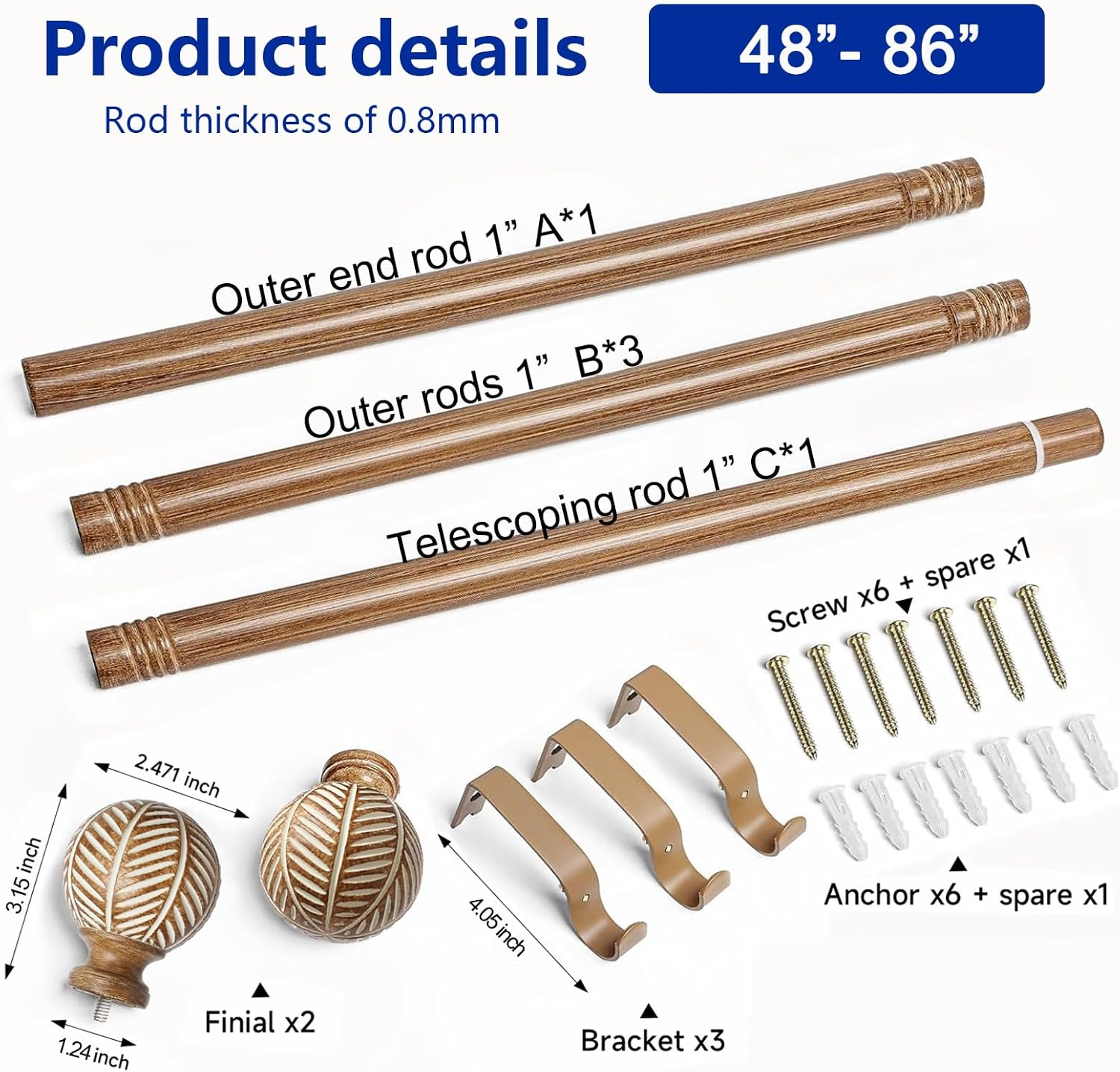 Adjustable Wood Curtain Rods 48-86 Inches Single Rod with Leaf Finials