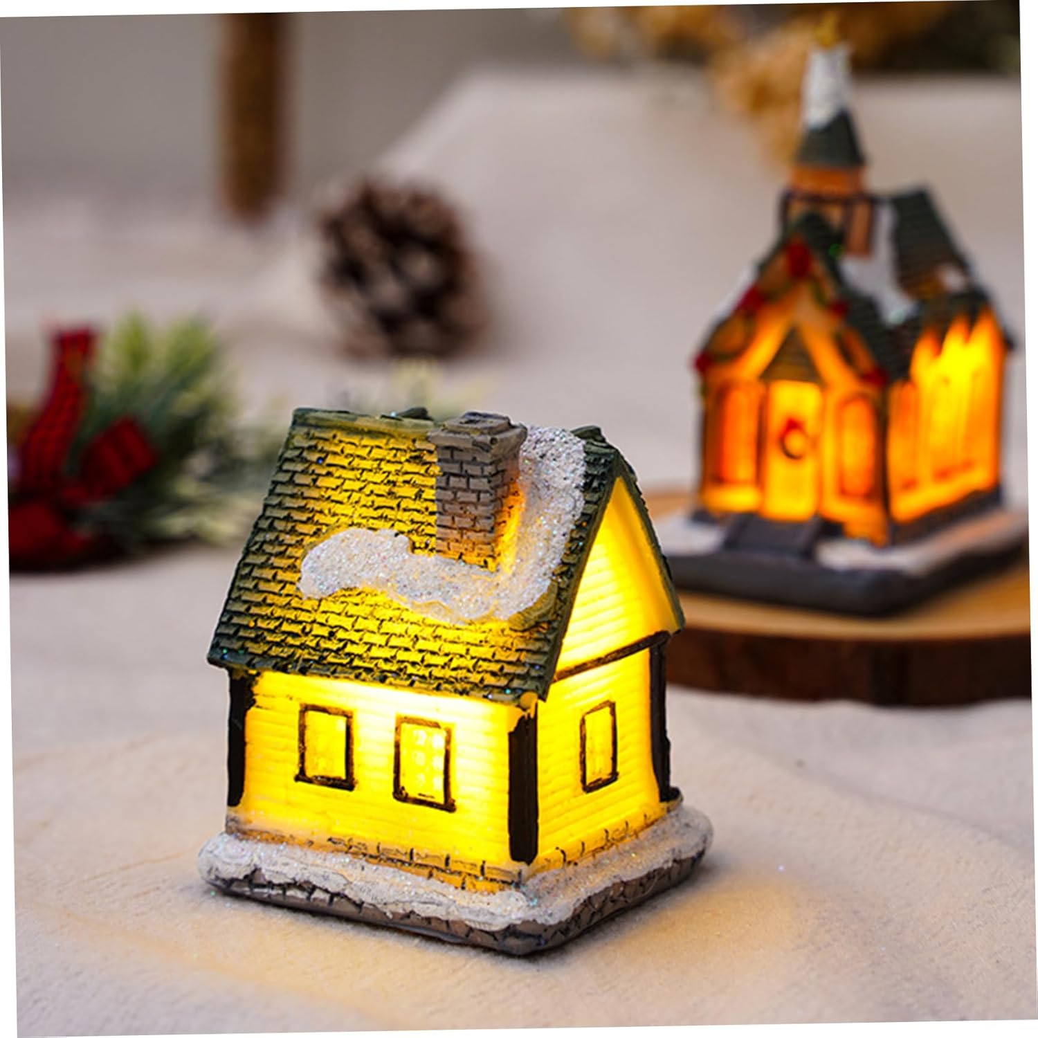 4Pcs Christmas Village Houses Light Up Resin Miniature Decor