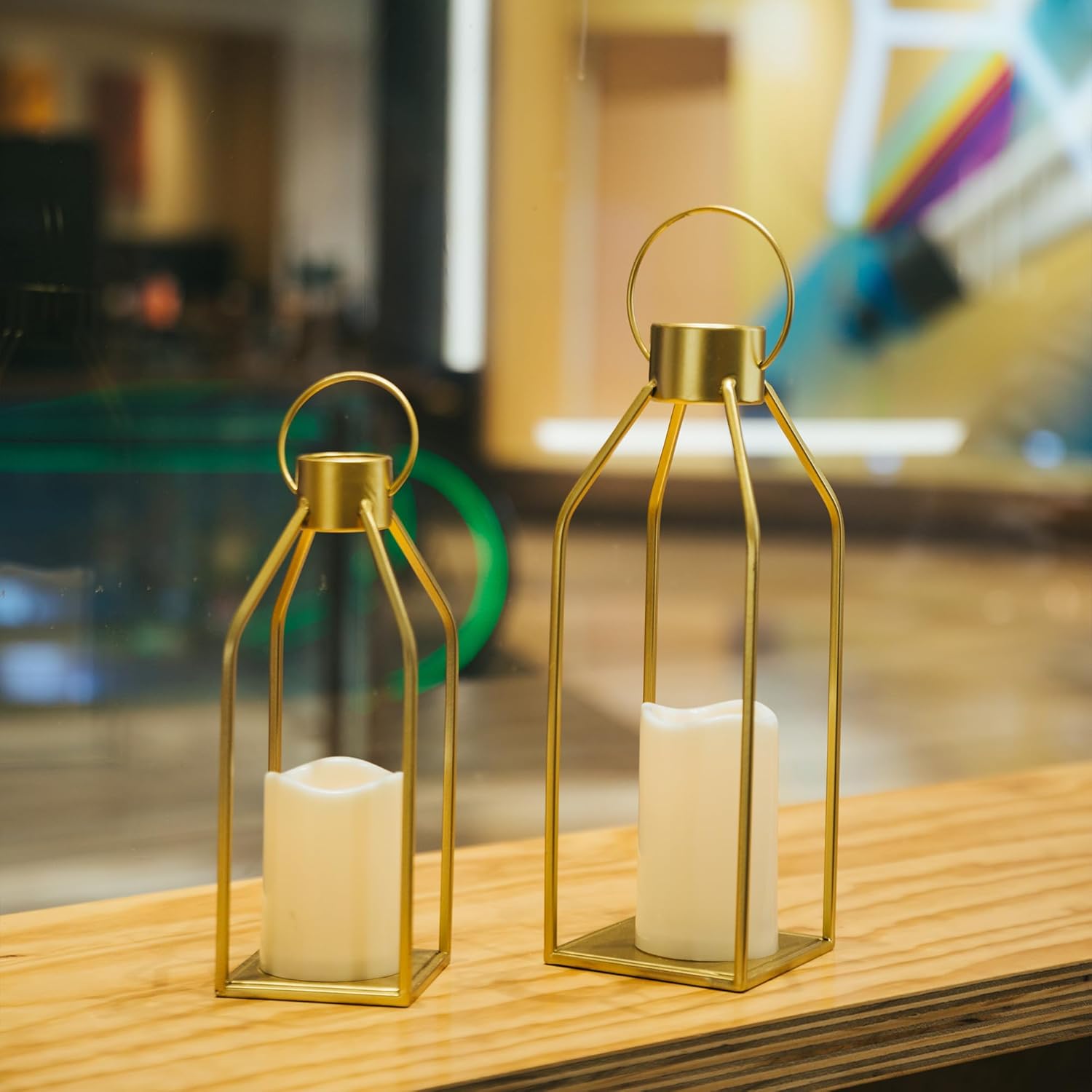 Modern Farmhouse Gold Metal Candle Lanterns with Timer