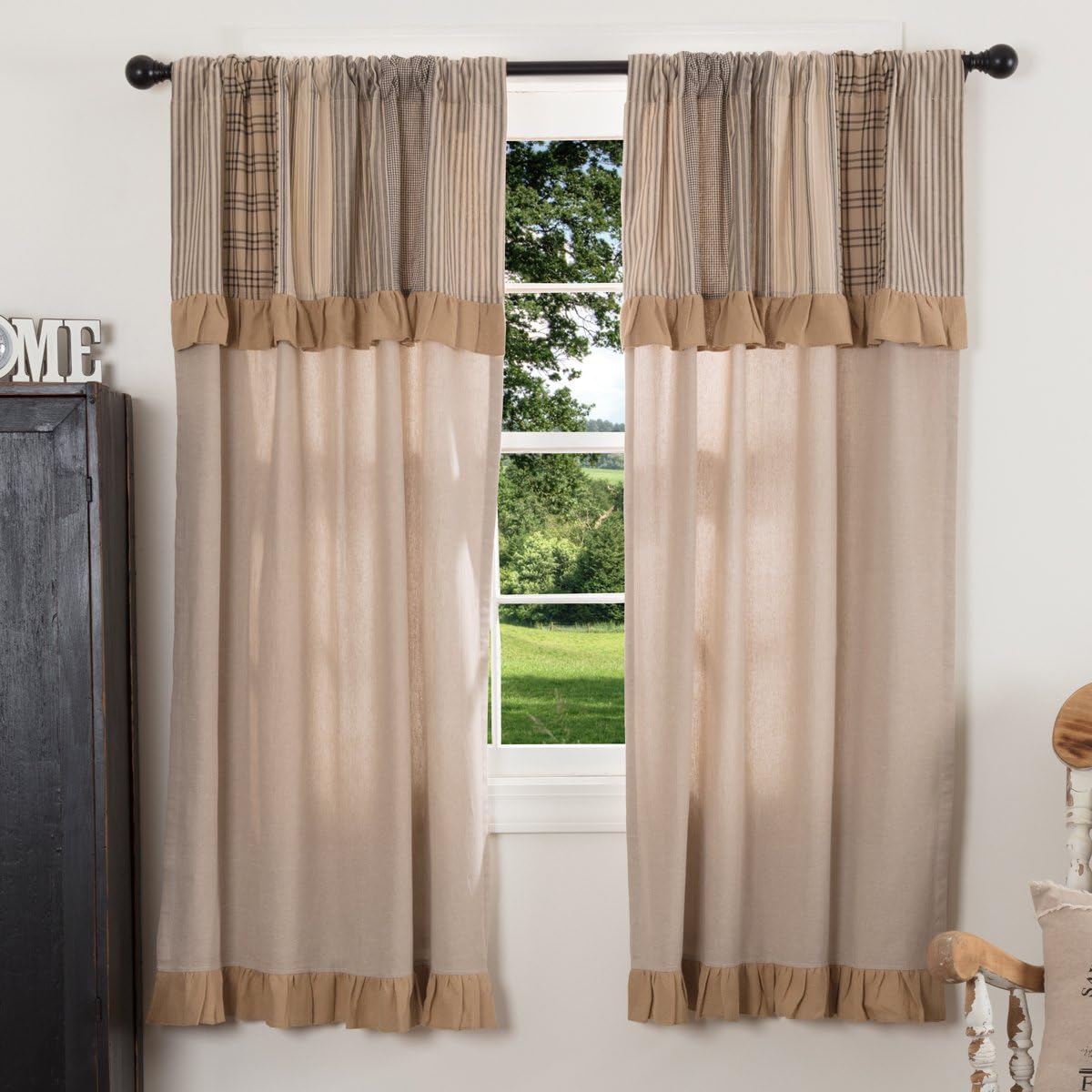 VHC Brands Sawyer Mill Curtain Panel 63x36 Charcoal Khaki Tan