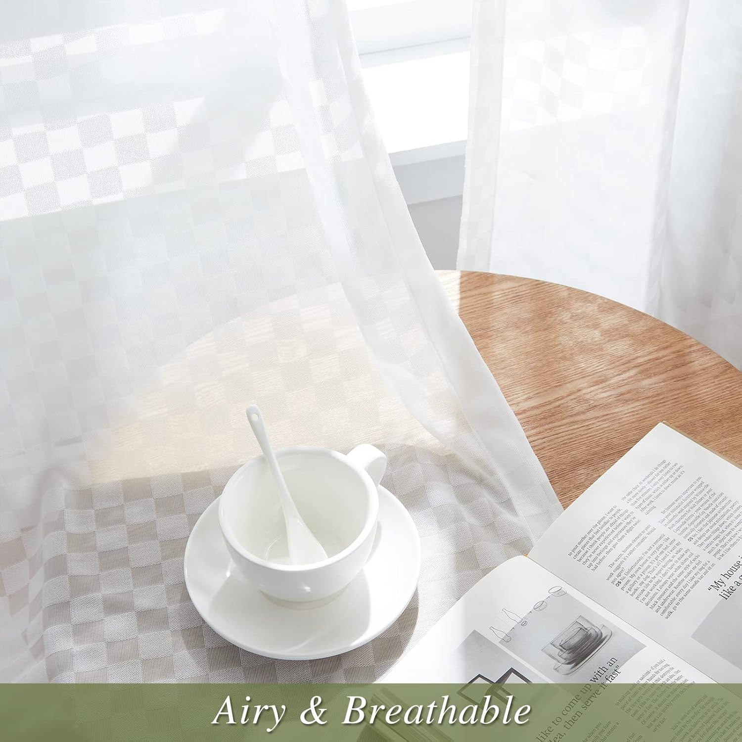 Melodieux Off White Gingham Sheer Curtains 54x54 Inch 2 Panels
