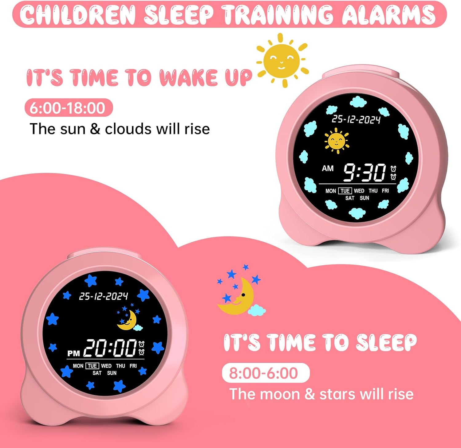 Kids Alarm Clock with Sun Moon LED Display and Sleep Sounds