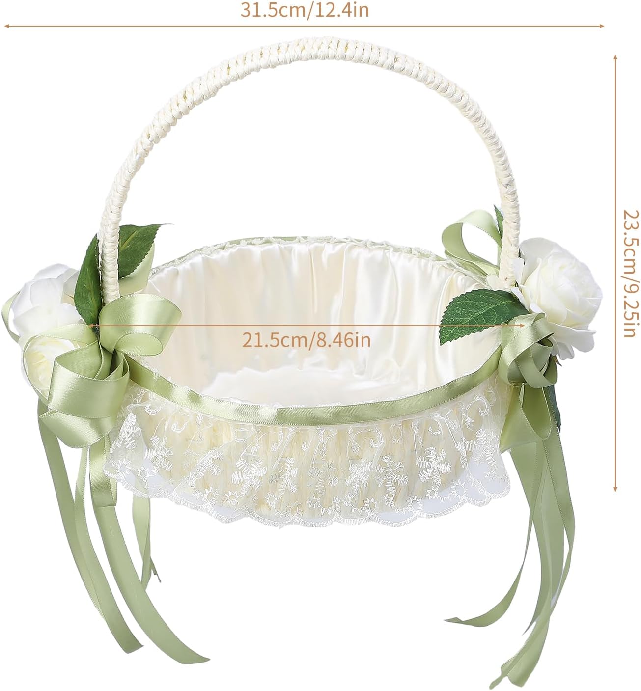 Wedding Flower Girl Basket with Lace and Green Bow