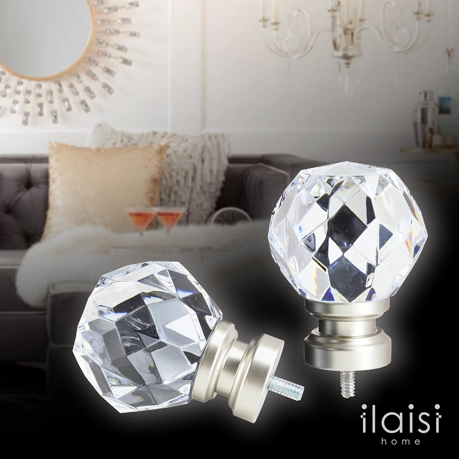 Luxury Satin Silver Faceted Curtain Rod Finials Set of 2