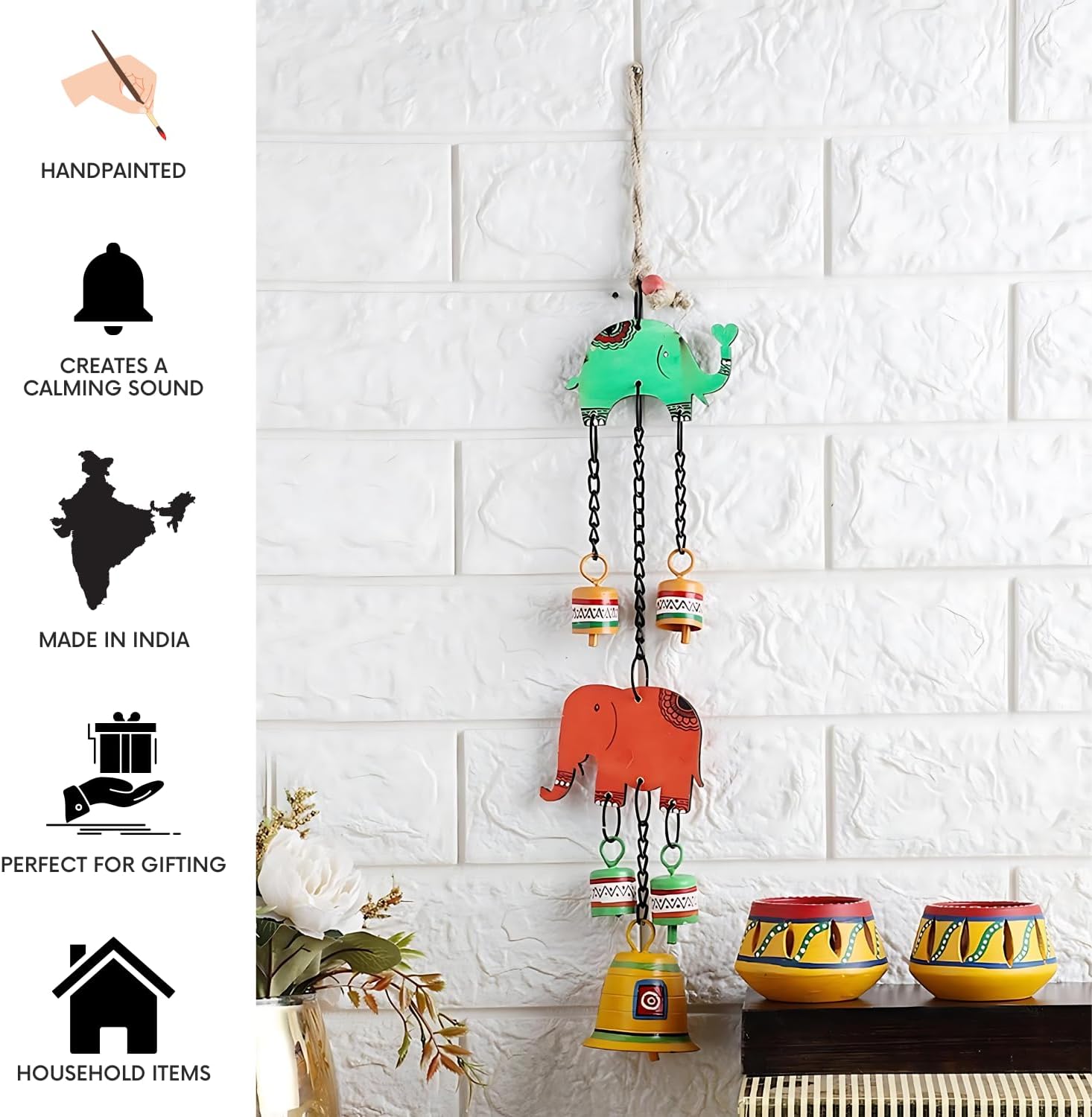 Hand Painted Elephant Metal Bells Set - 22 Inch Hanging Ornament