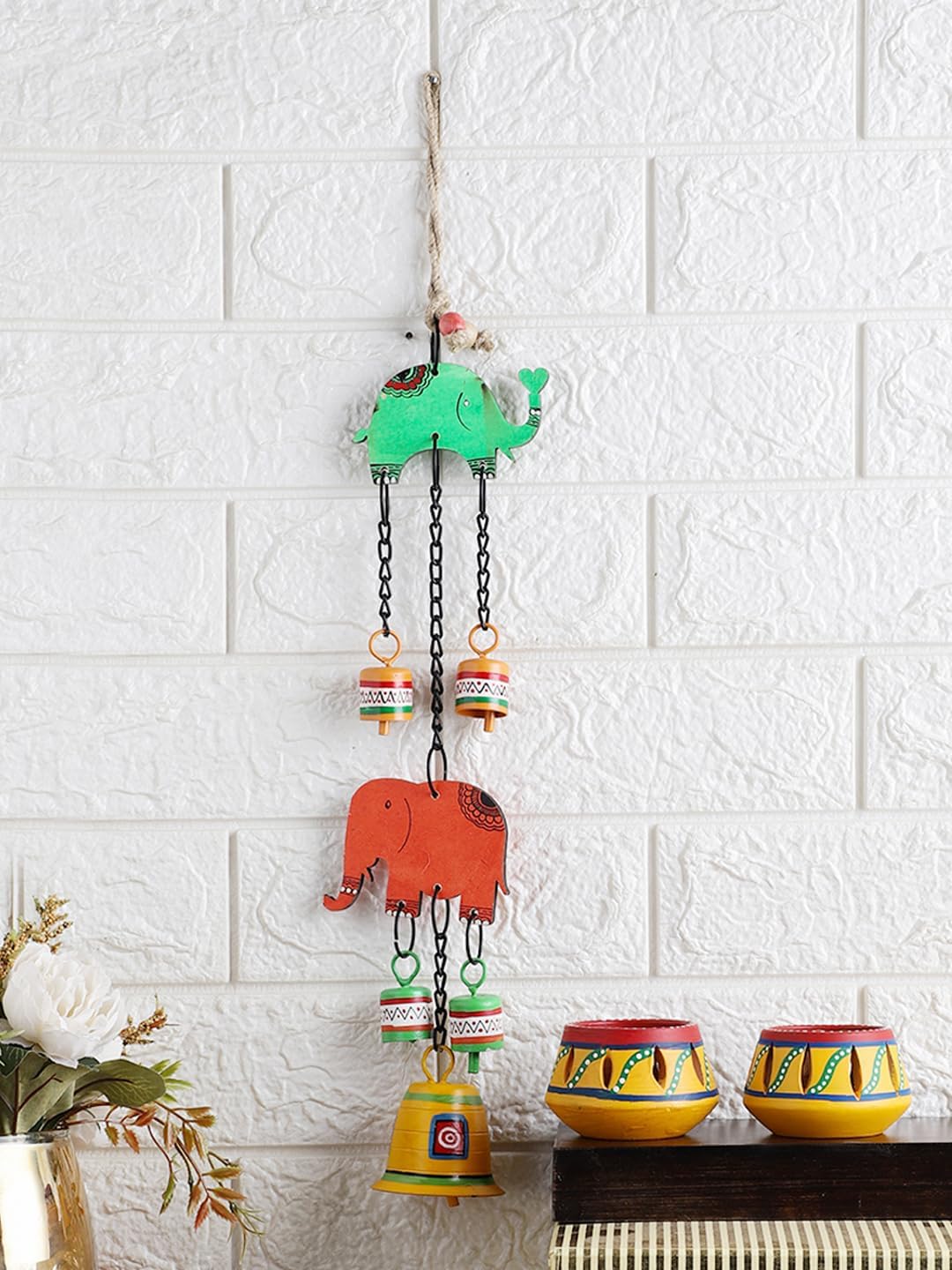 Hand Painted Elephant Metal Bells Set - 22 Inch Hanging Ornament