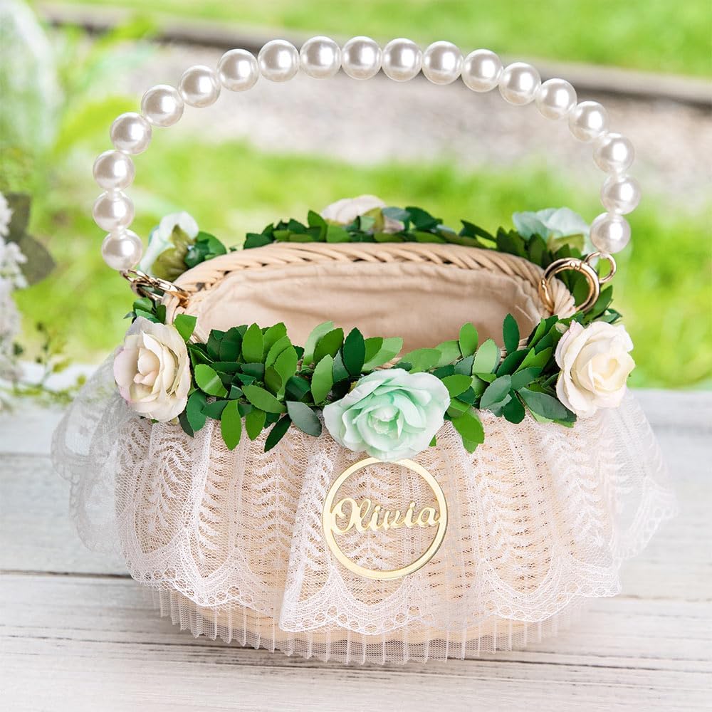 Personalized Wedding Flower Girl Basket with Pearl Handle