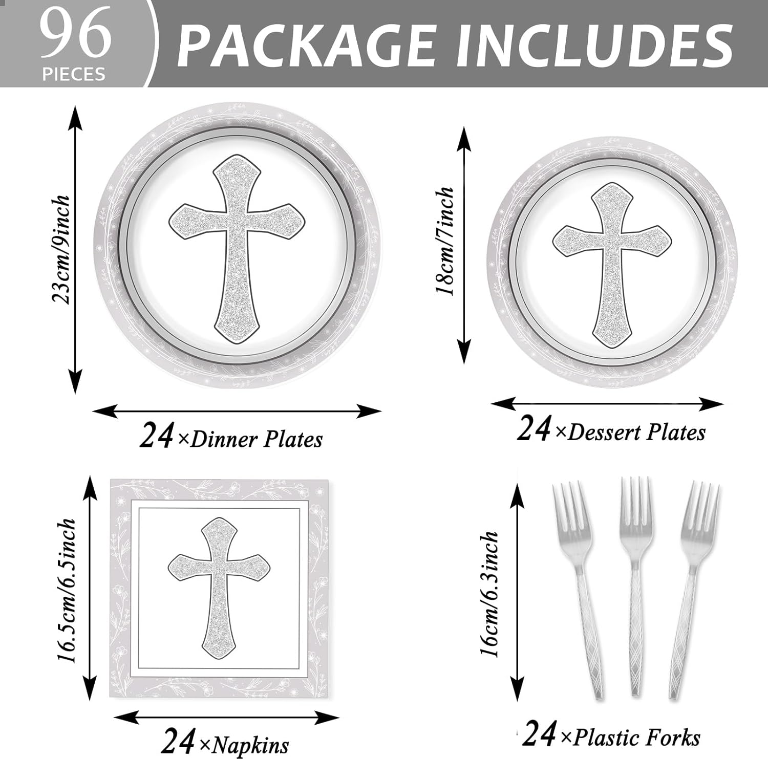 96Pcs Gray Cross Baptism Tableware Set for 24 Guests