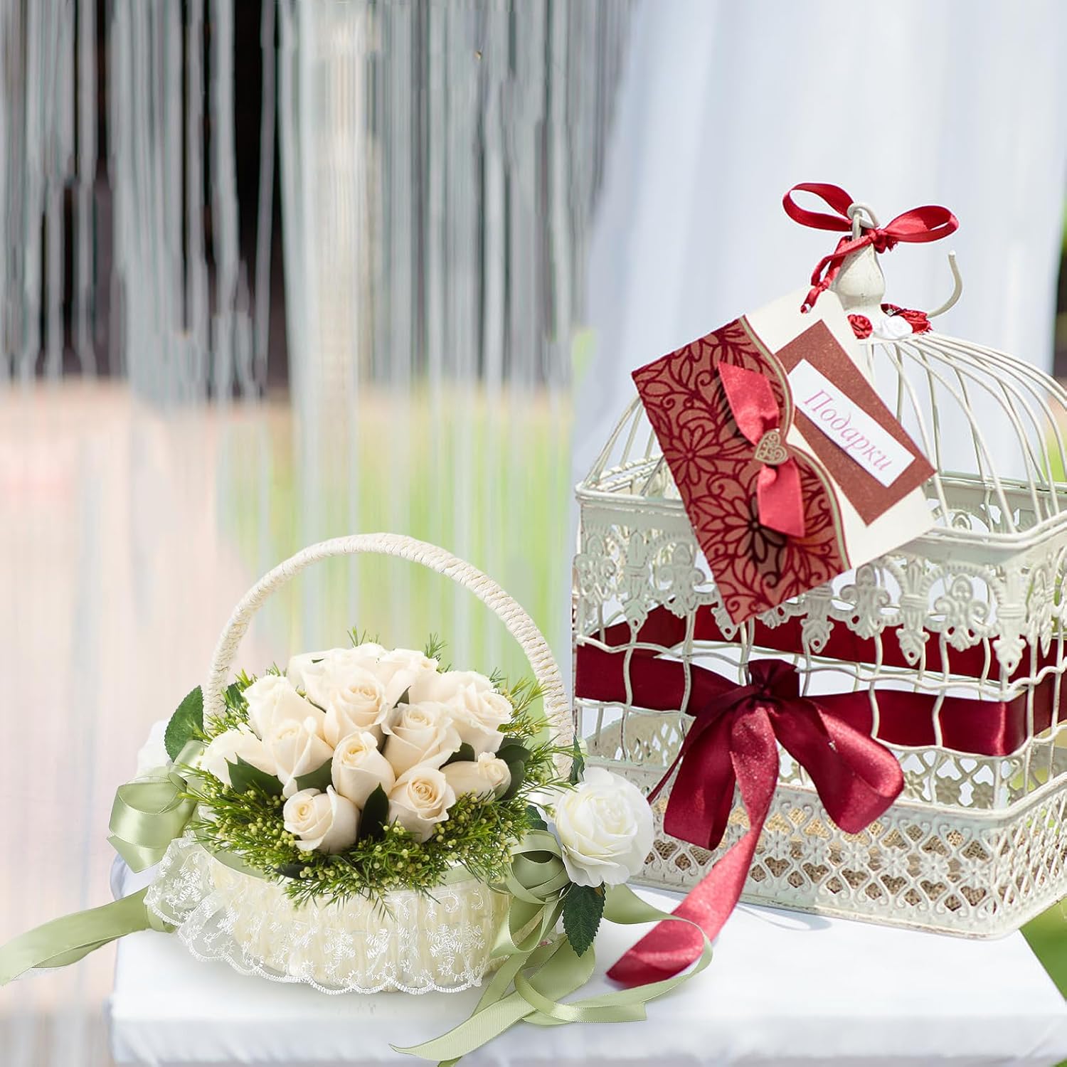 Wedding Flower Girl Basket with Lace and Green Bow