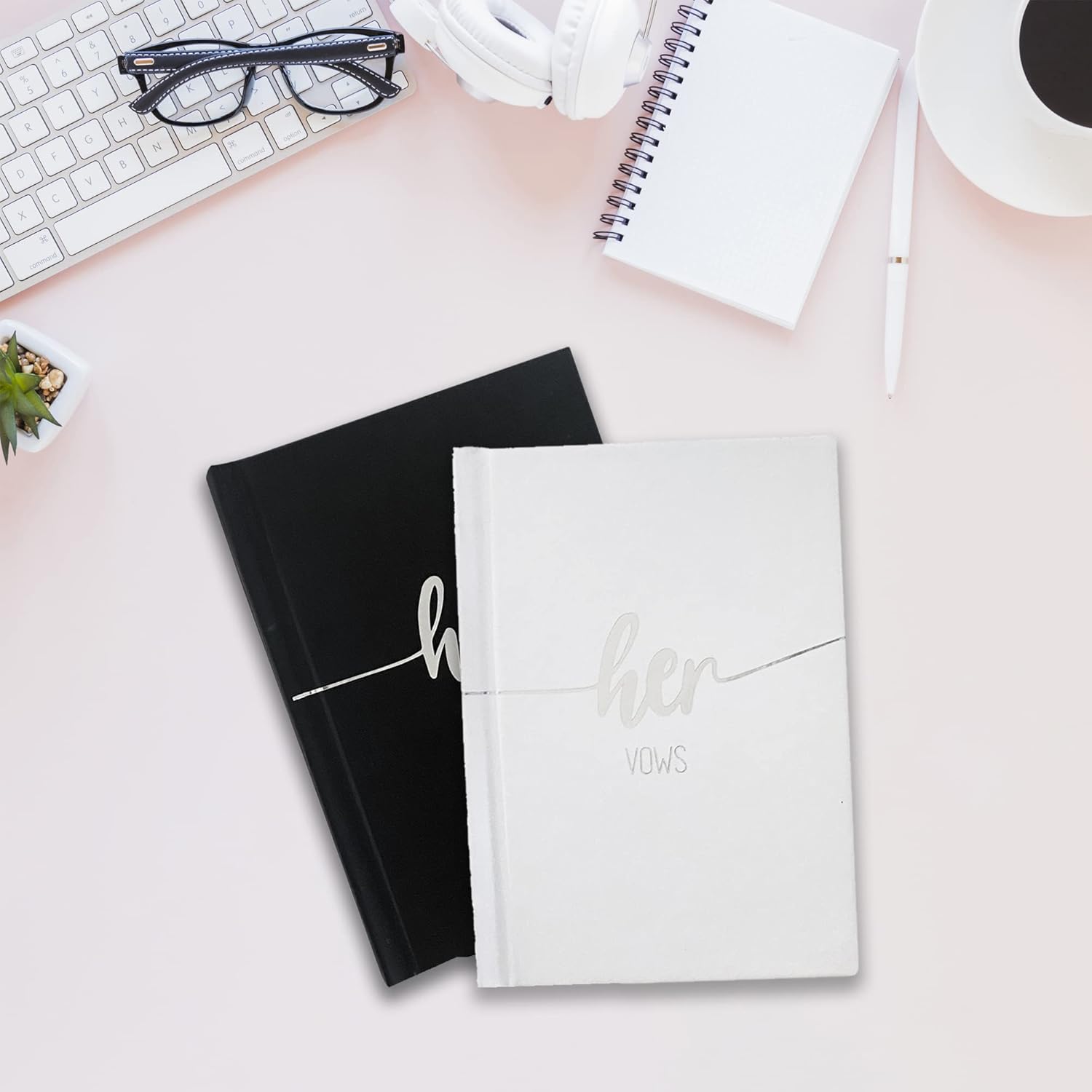 Black and White Wedding Vow Book with Silver Foil and Two Pens