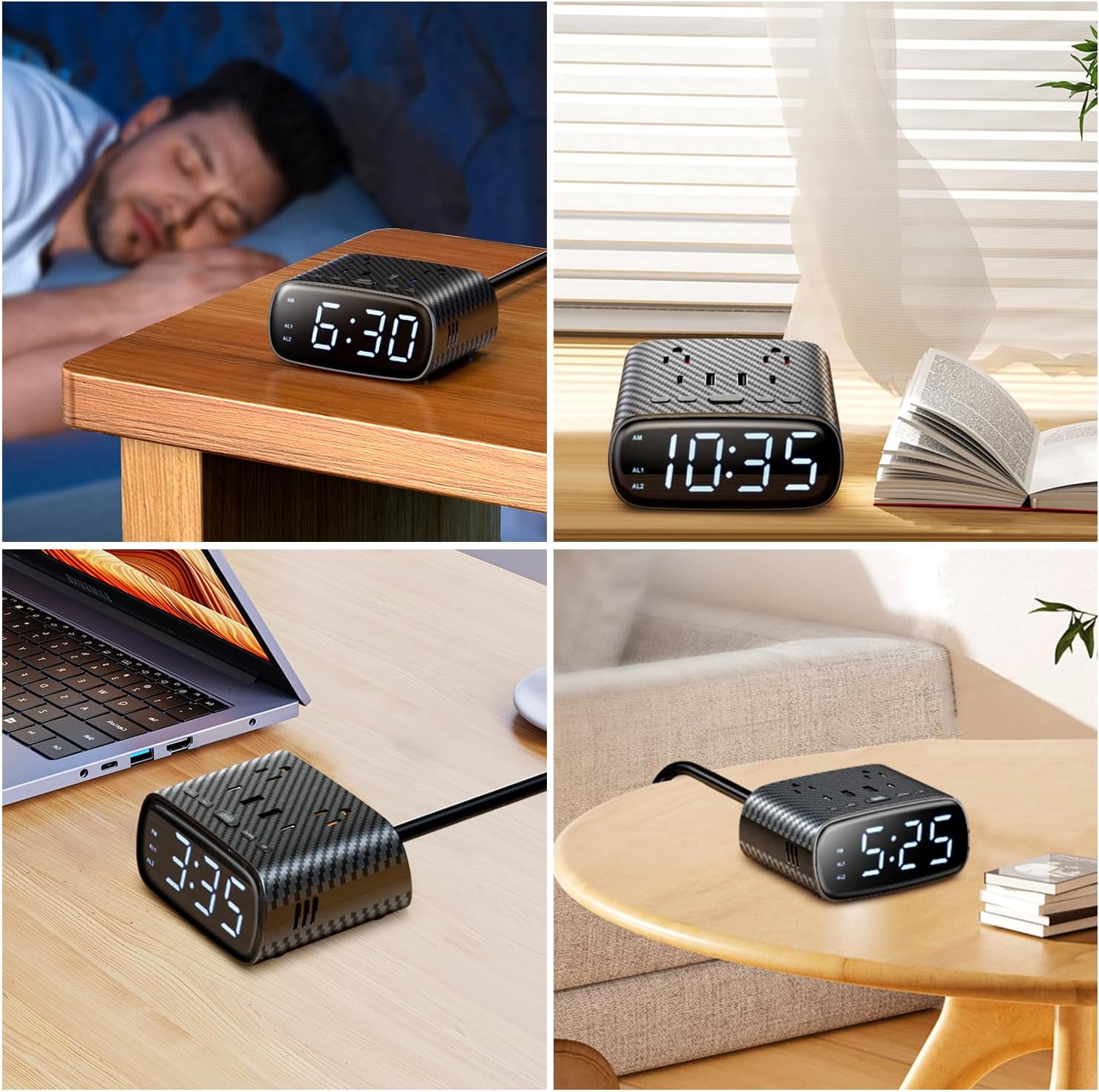 Sussex Dual Alarm Clock with 6 Charging Ports and 2 Outlets