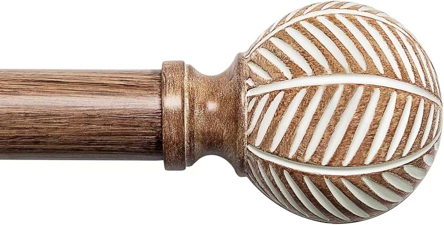Adjustable Wood Curtain Rods 48-86 Inches Single Rod with Leaf Finials