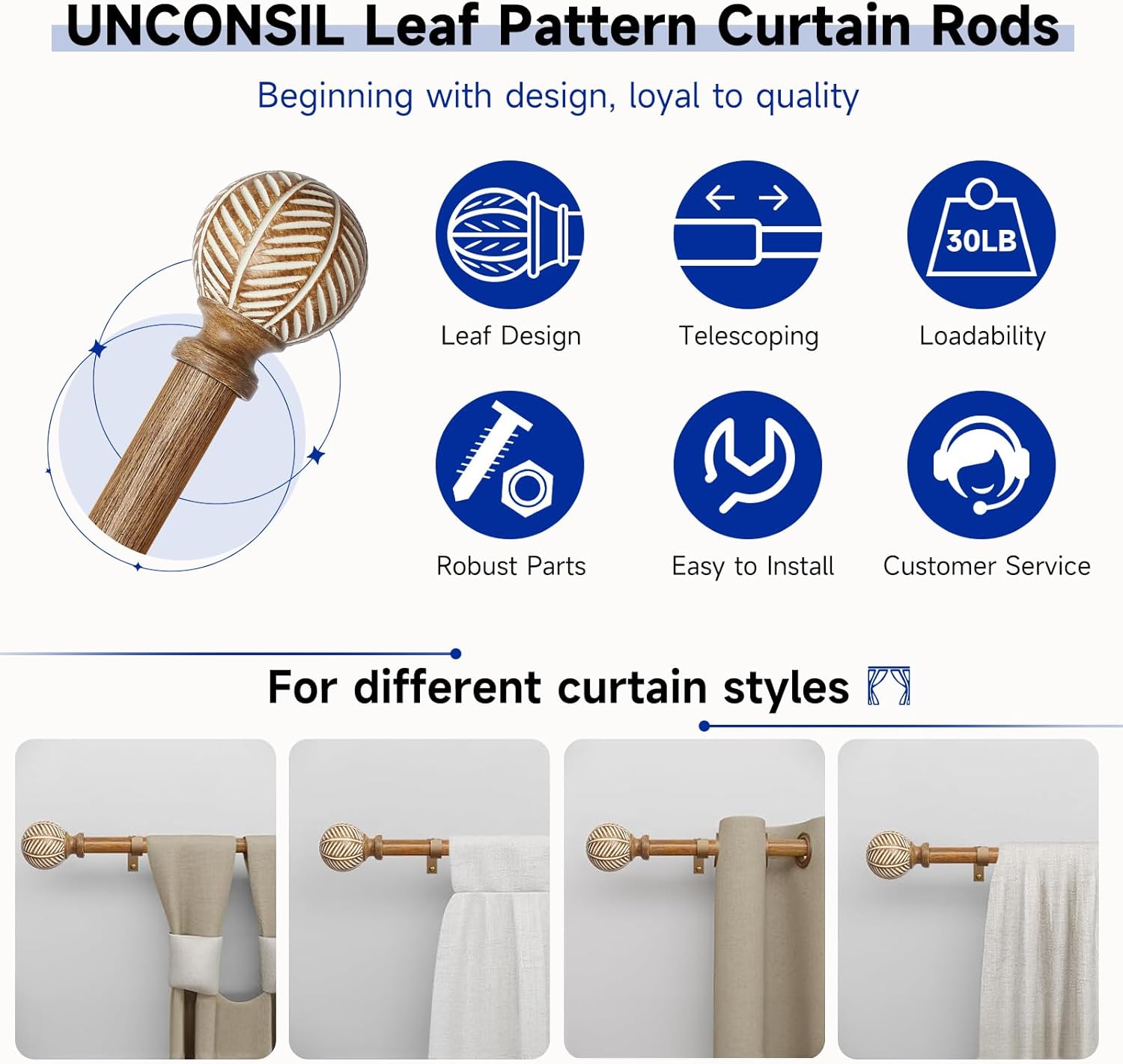 Adjustable Wood Curtain Rods 48-86 Inches Single Rod with Leaf Finials