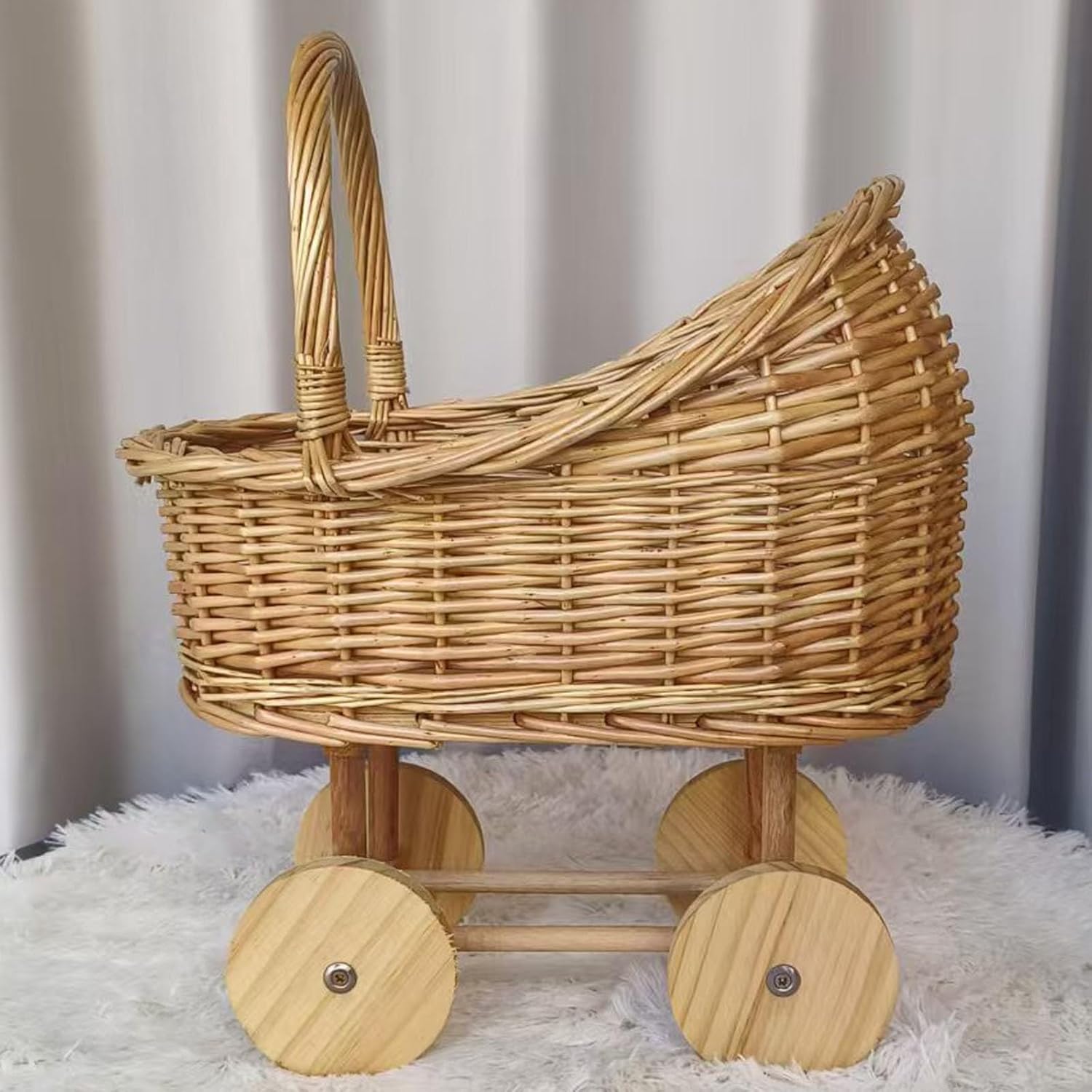 Woven Rattan Stroller Flower Basket with Handle