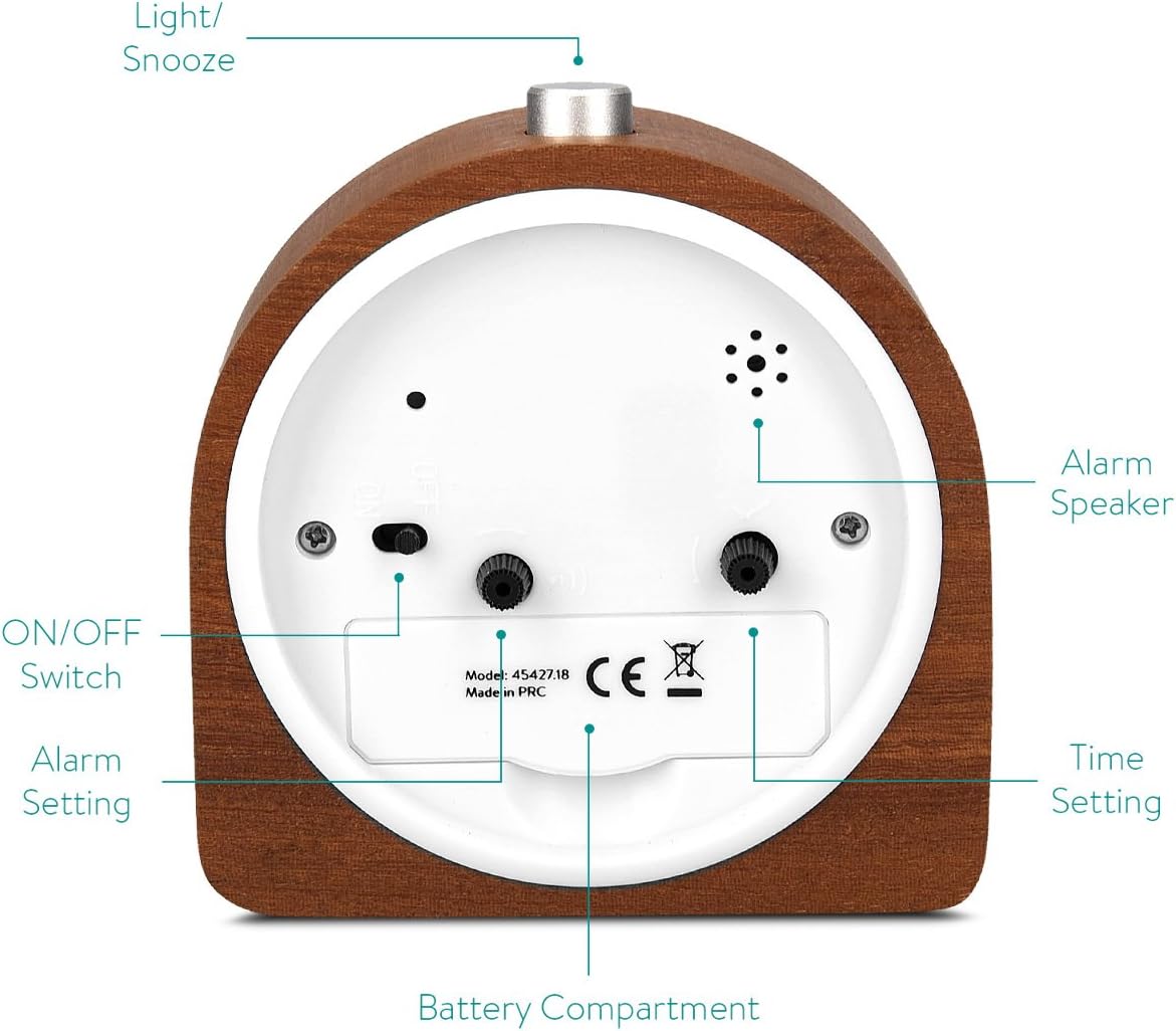 Navaris Wood Analog Alarm Clock - Dark Brown