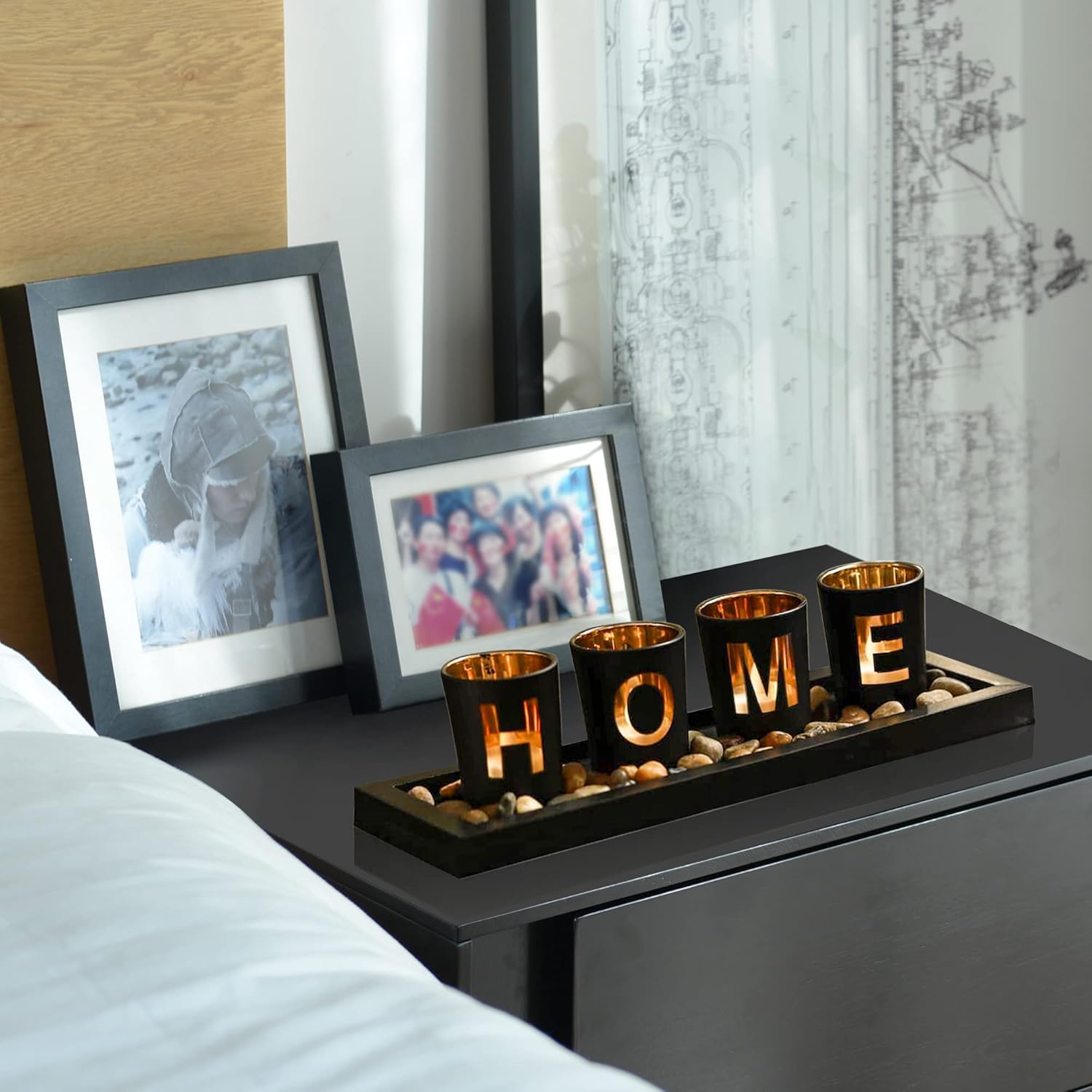 MrMrKura Decorative Candle Holder Set with Wood Tray and Stones
