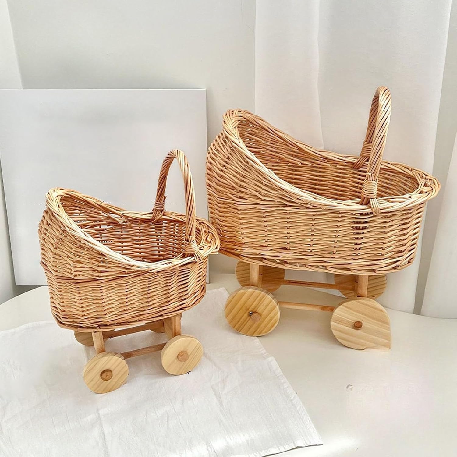 Woven Rattan Stroller Flower Basket with Handle