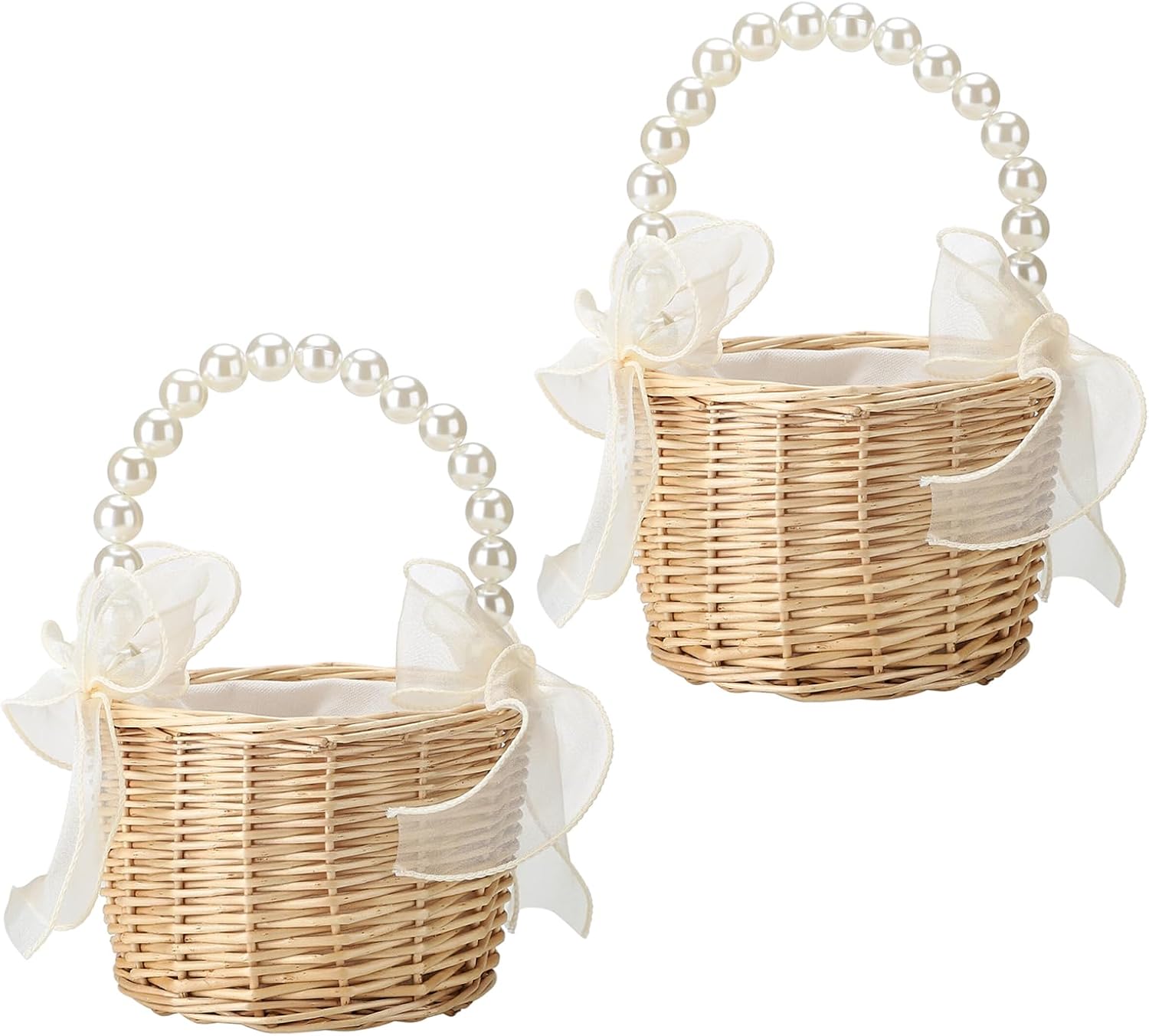 2PCS Wicker Rattan Flower Girl Basket with Pearl Handle