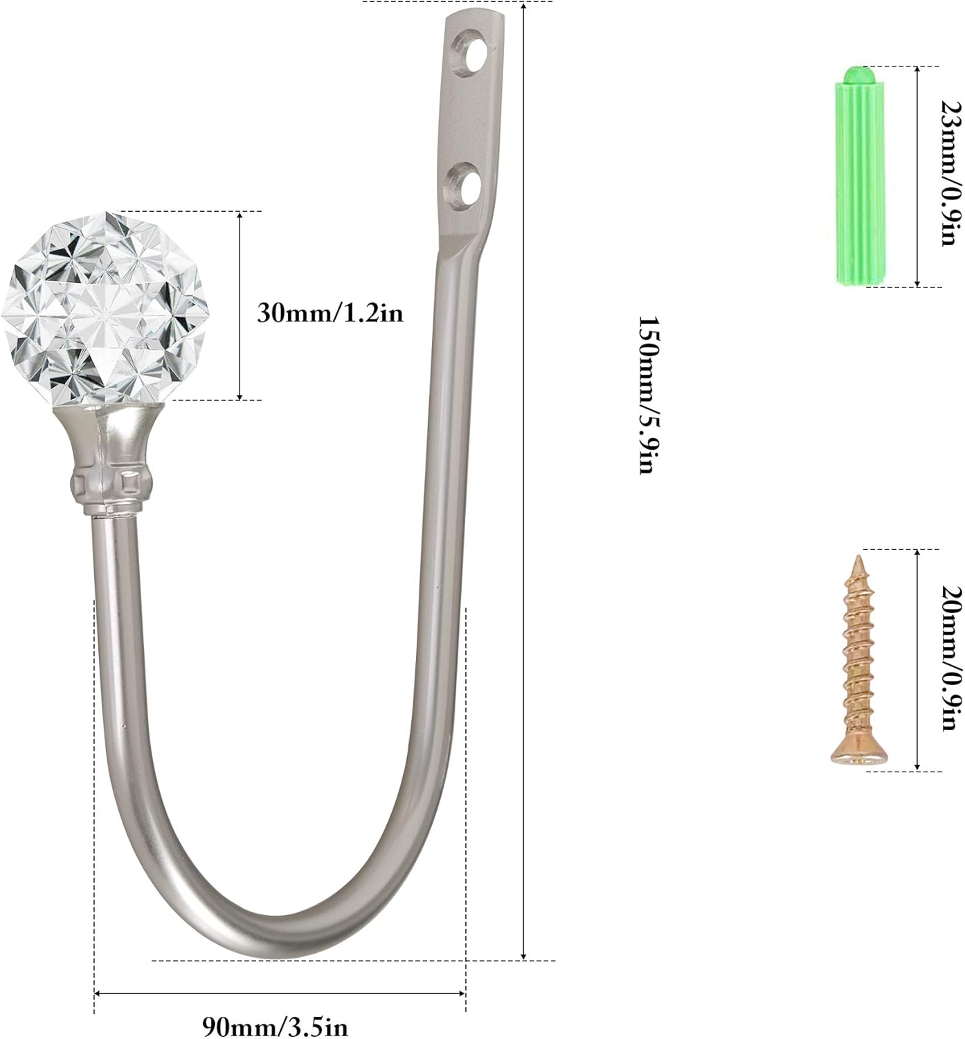 2pcs Curtain Holdback with Clear Crystal Ball Heavy Duty Metal Drapery Holder Hooks