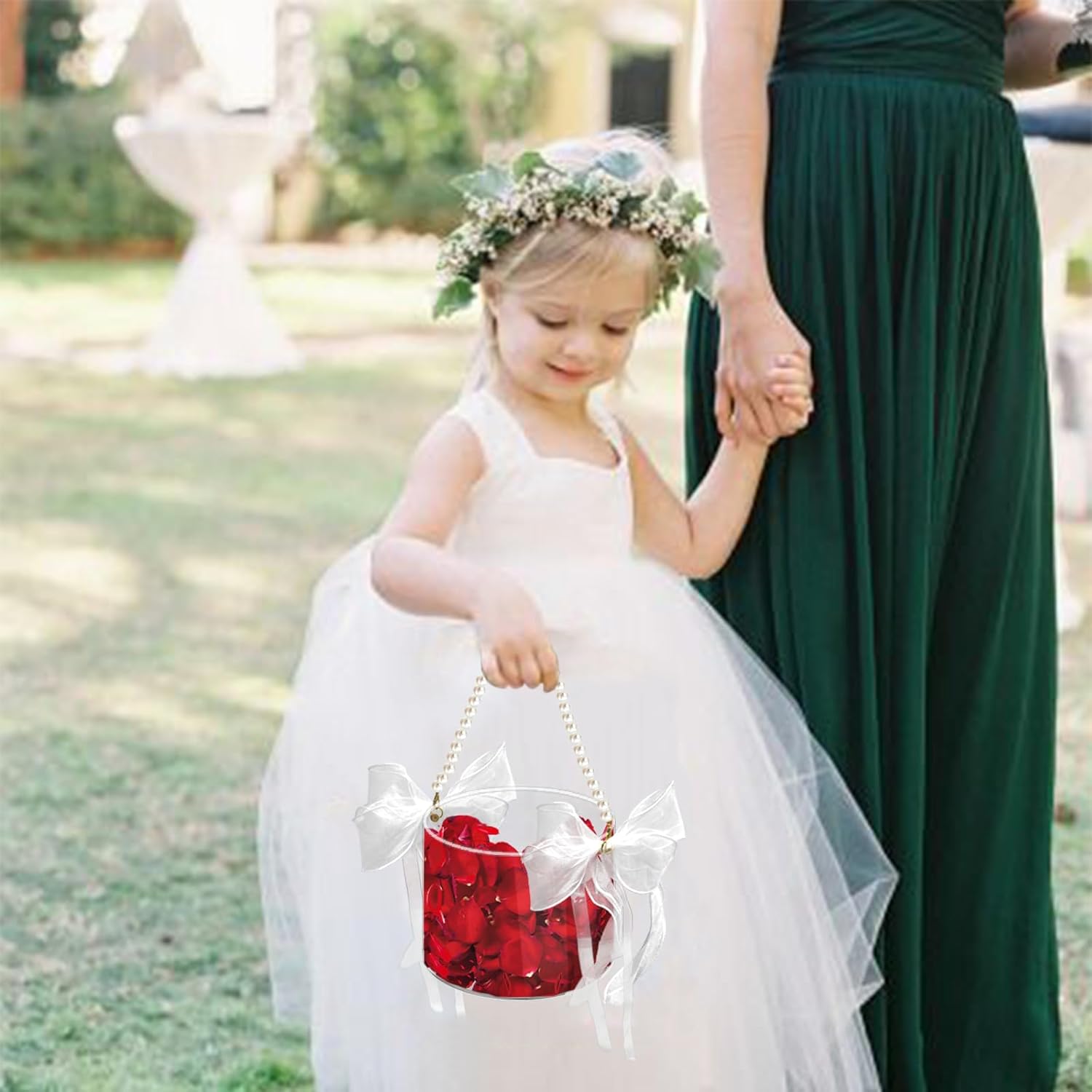 Clear Acrylic Flower Girl Basket with Pearl Handle