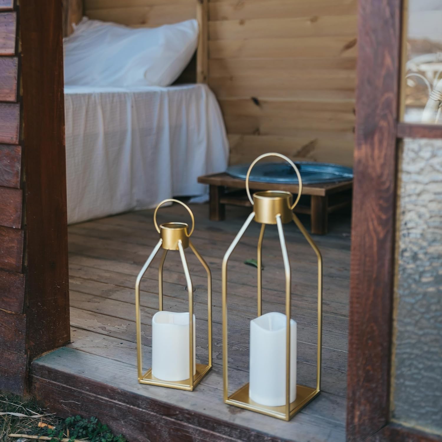 Modern Farmhouse Gold Metal Candle Lanterns with Timer
