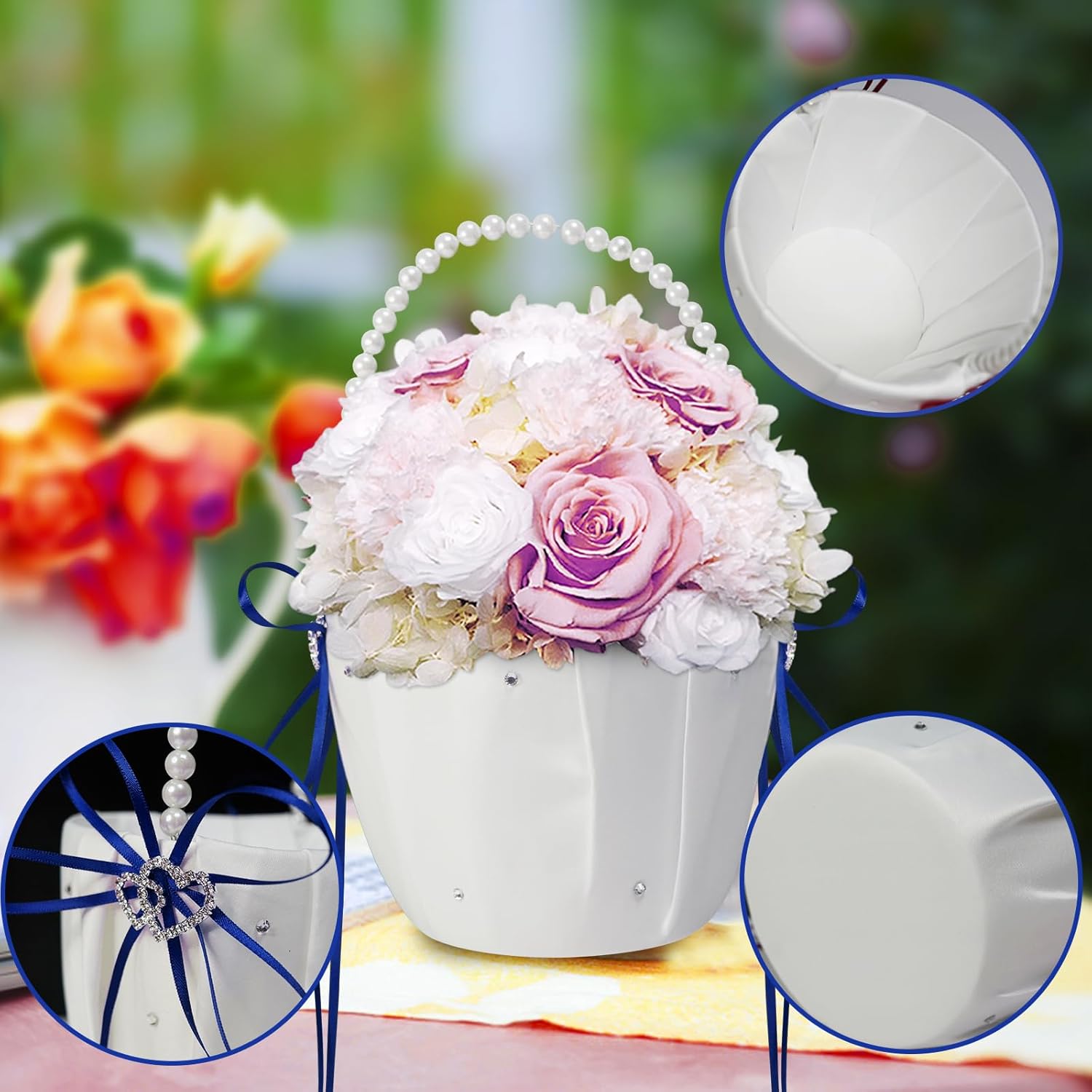 2 Pcs Wedding Flower Girl Baskets with Pearl Handle Bowknot