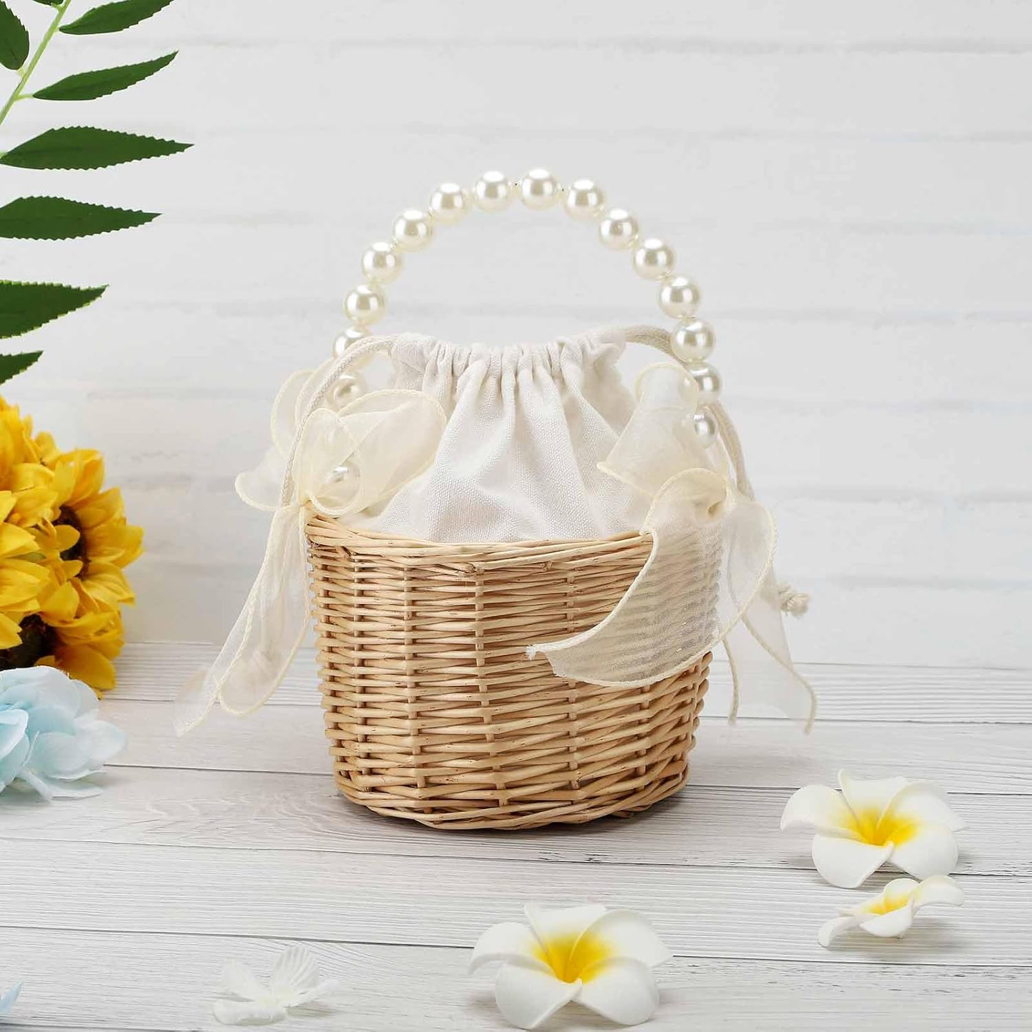 2PCS Wicker Rattan Flower Girl Basket with Pearl Handle