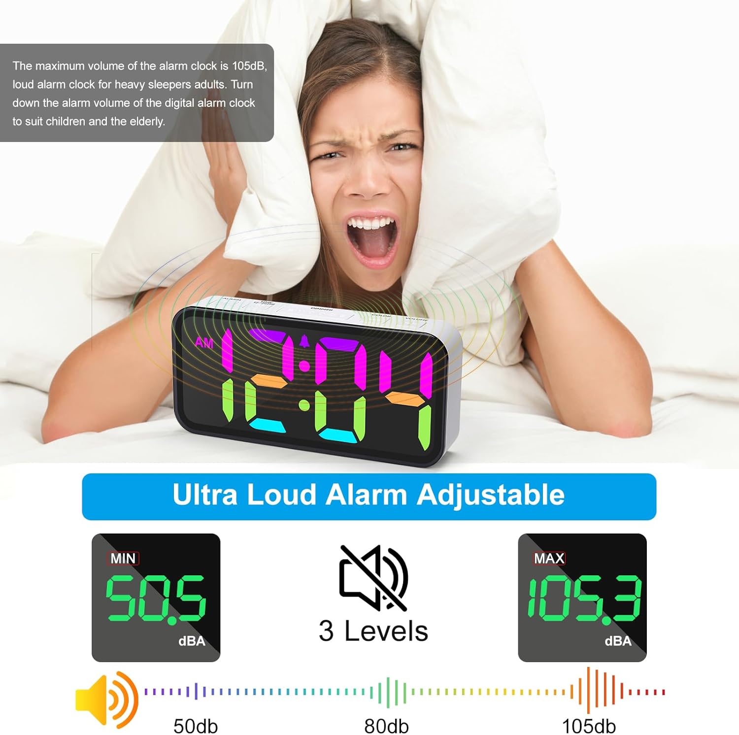 Ultra Loud Alarm Clock for Heavy Sleepers with RGB Night Light