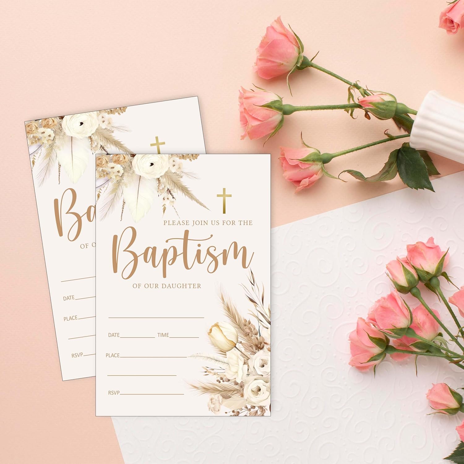 25 Pack Floral Baptism Invitations with Envelopes