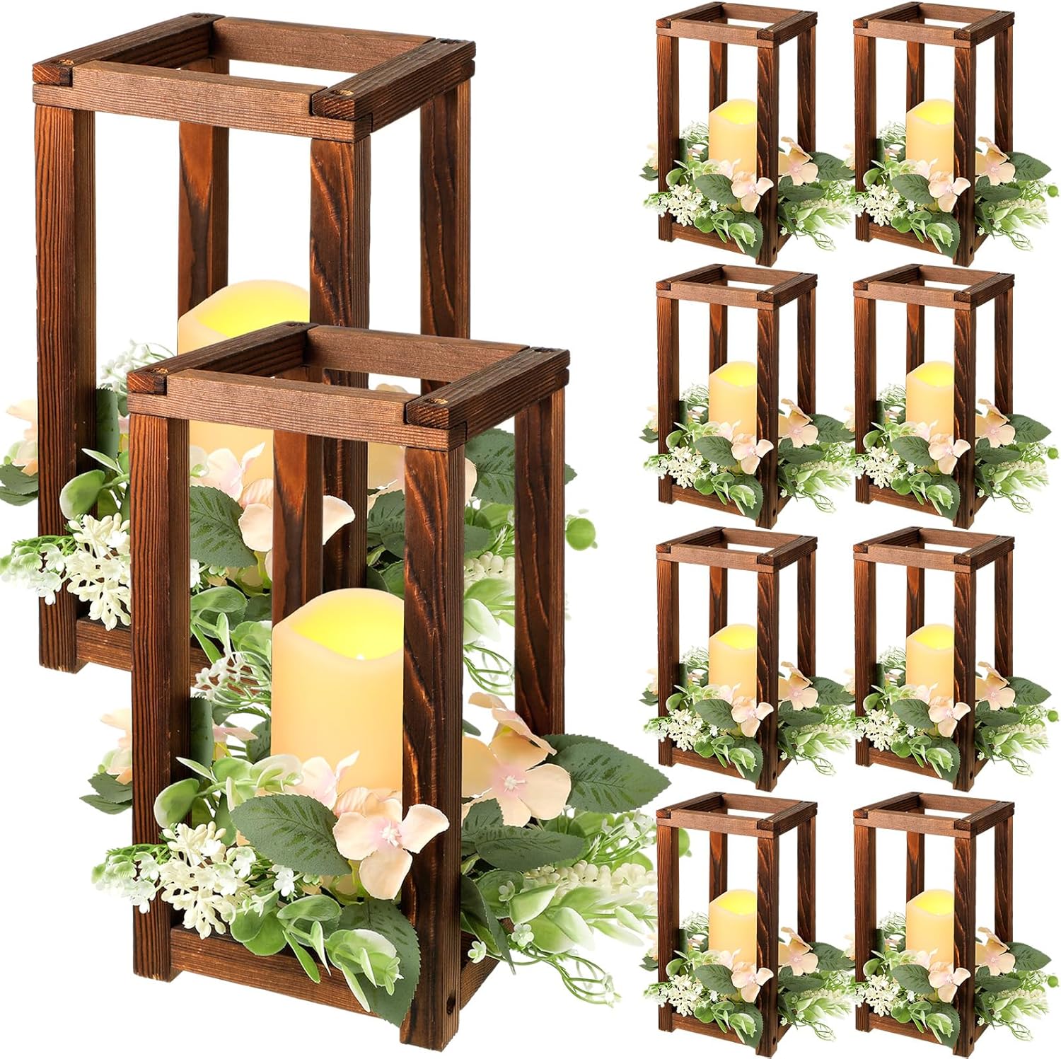 Hushee 30 Pcs Wooden Wedding Lantern Centerpiece with Candles and Wreaths Brown