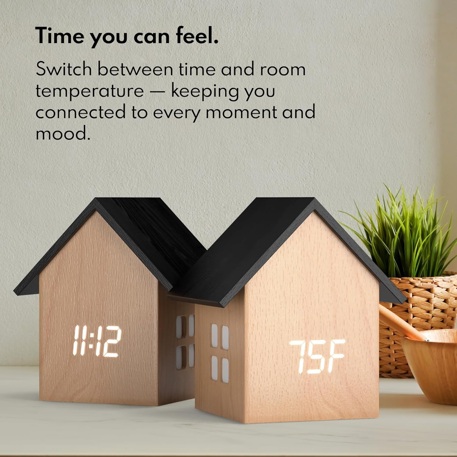 Driini Digital House Alarm Clock with Temperature Display - Light Wood Finish