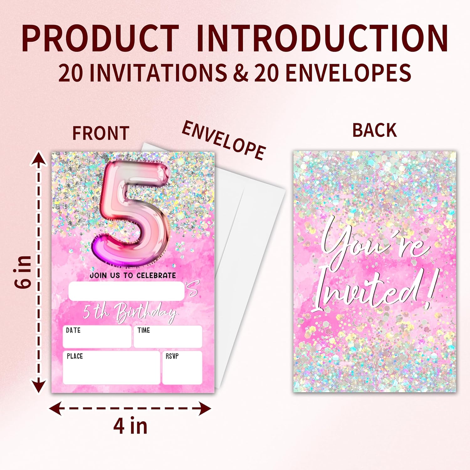 Holographic Birthday Invites with Envelopes for 5th Birthday